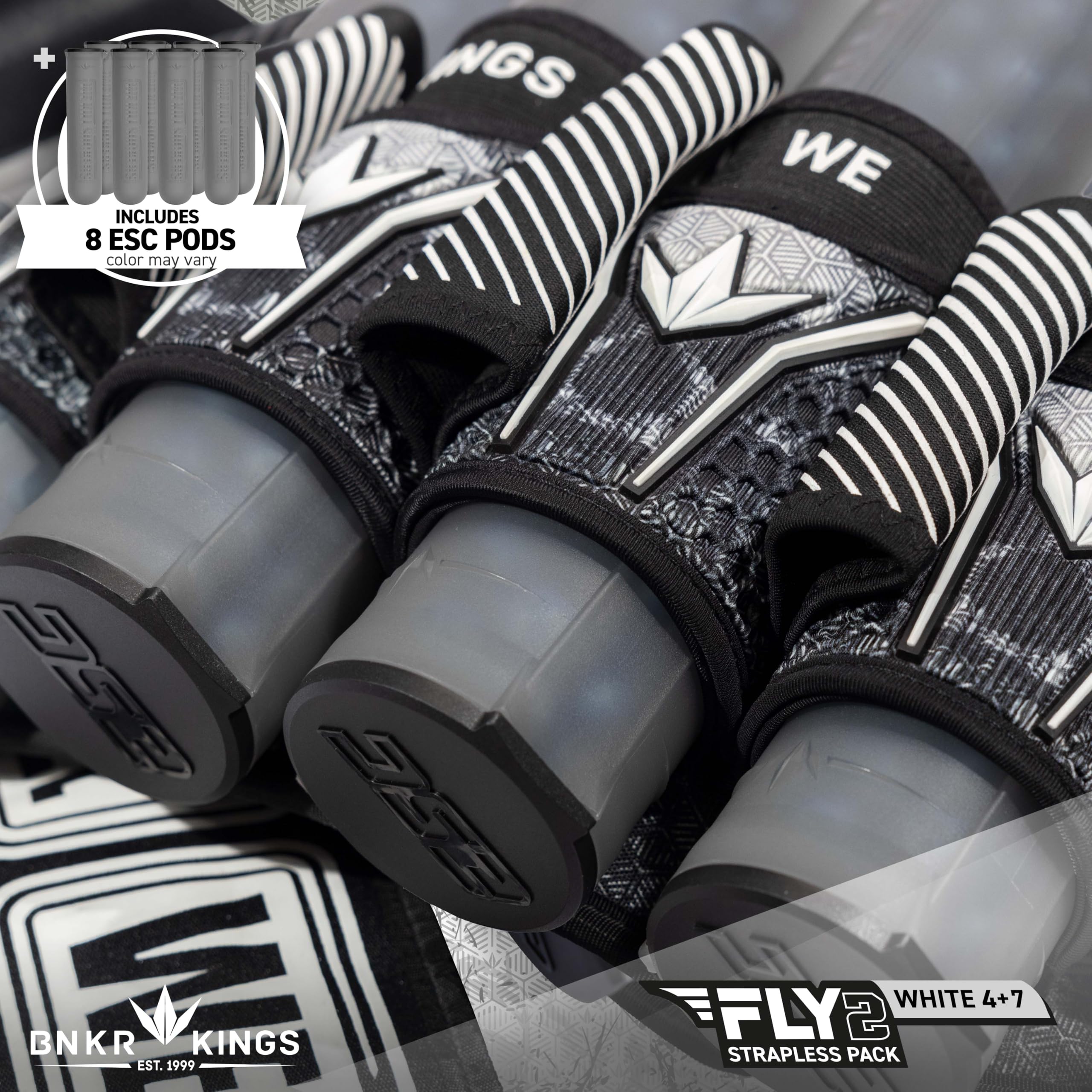 Bunkerkings Fly2 Skulls Paintball Pod Pack – Strapless Pack with 8 ESC Pods (4+7, White Black)