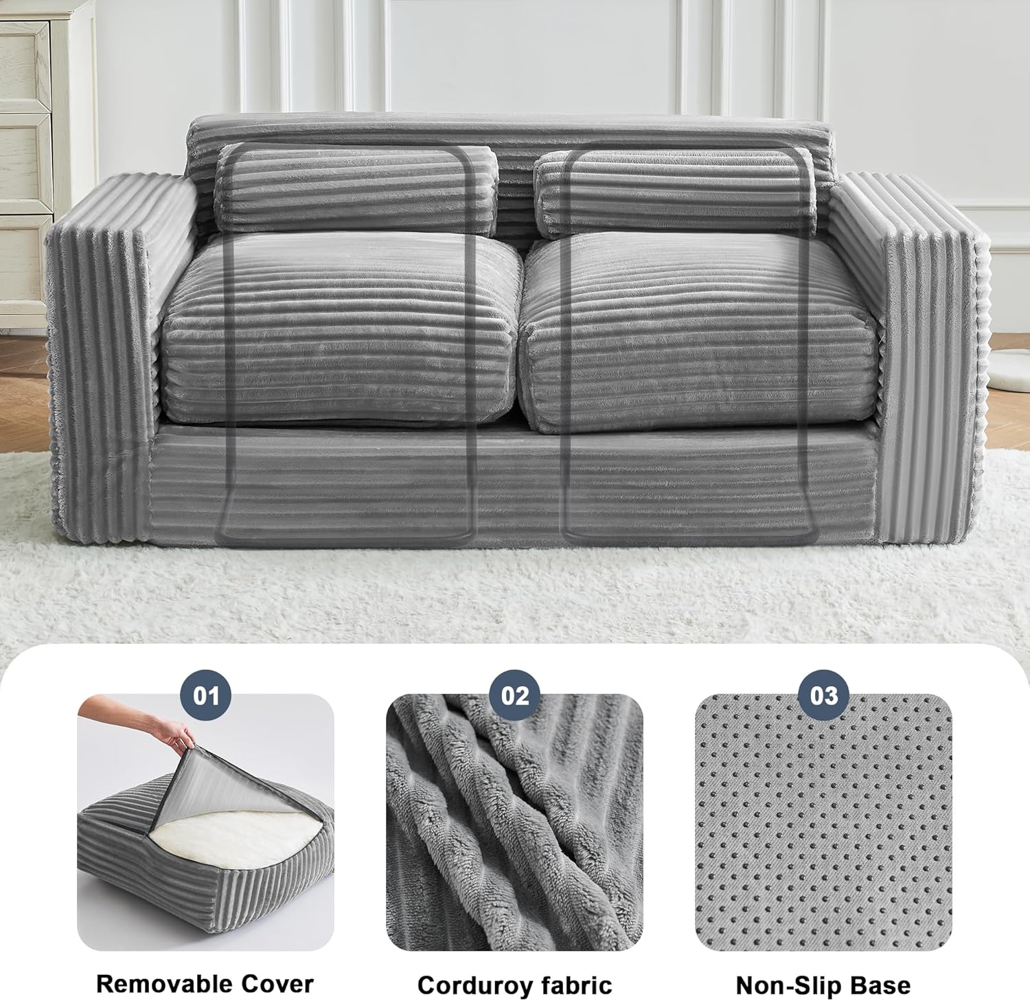 Bean Bag Chair Couch with Fixed-Shape Frame, Two Seat Giant Bean Bag Sofa for Adults, Boneless Loveseat Floor Sofa Couches for Living Room, Small Couch for Bedroom, Apartment, Office (Grey)