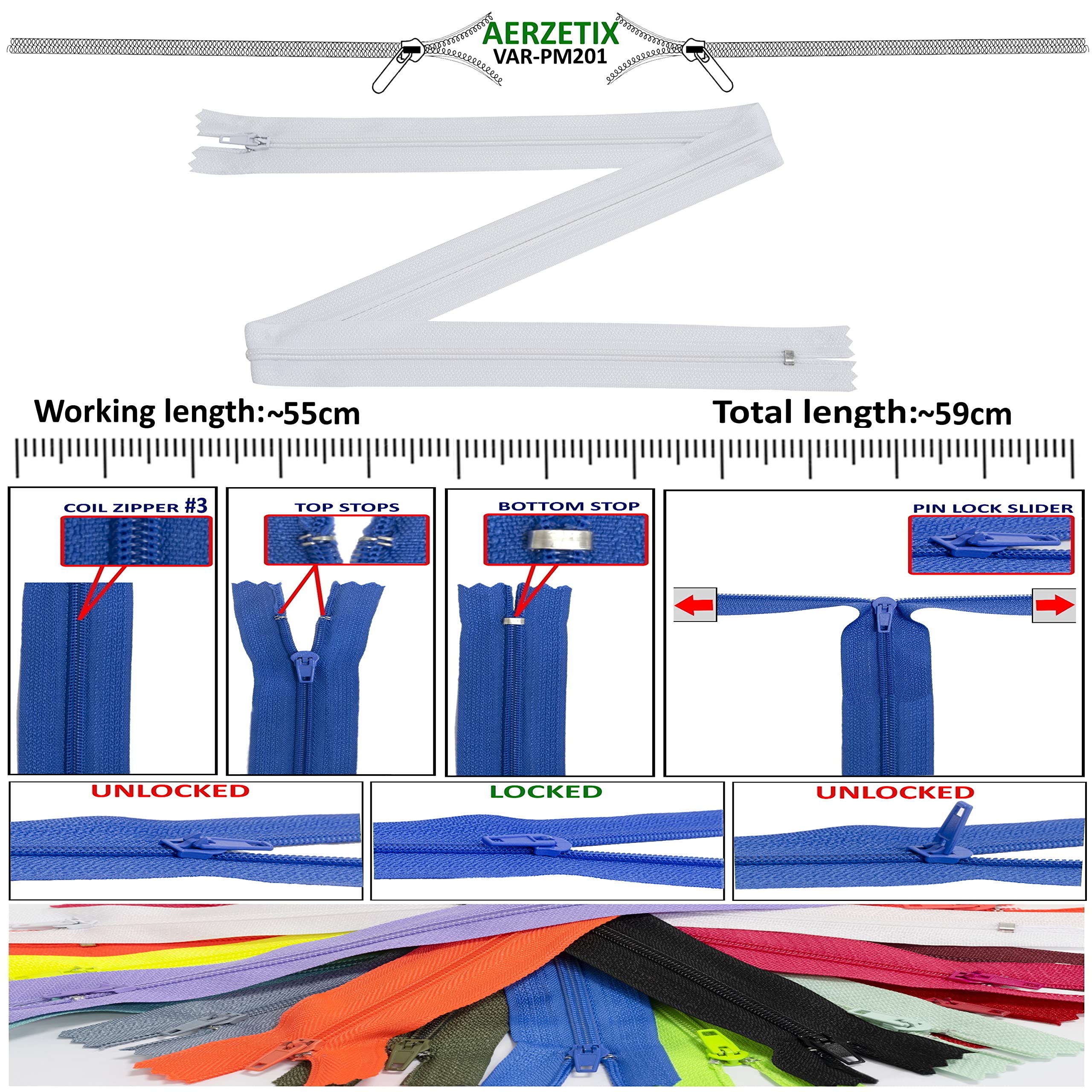 AERZETIX - C64682 - Set of 2 metal zippers/zippers no. 3 30 cm not separable chromed - decorative zipper - color black - mesh slider haberdashery clothing sewing