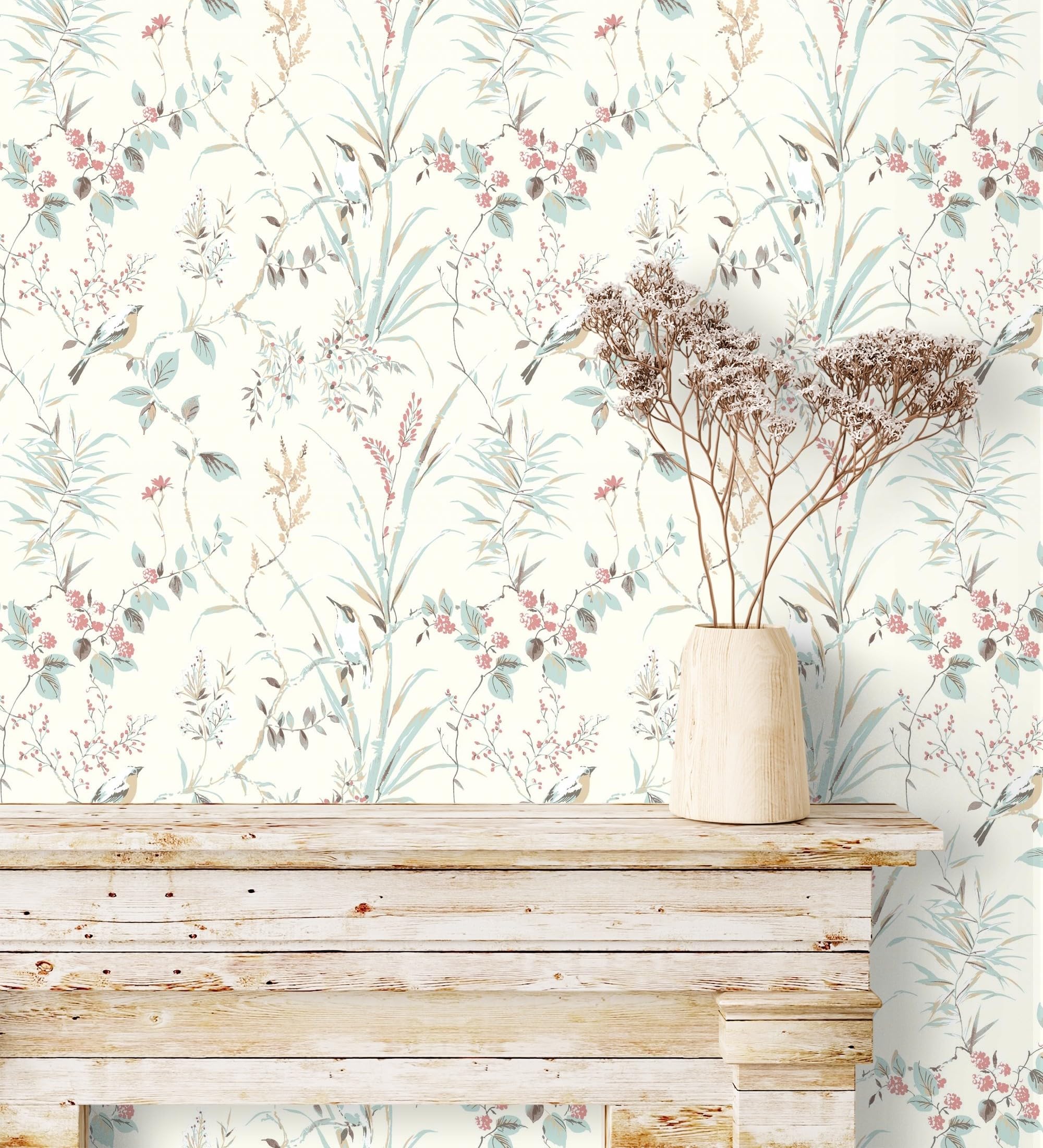 GAULAN 681950 - Papel pintado de ramas flores y pájaros estilo romántico para pared salón dormitorio pasillo comedor - Rollo de 10 m x 0,53 m