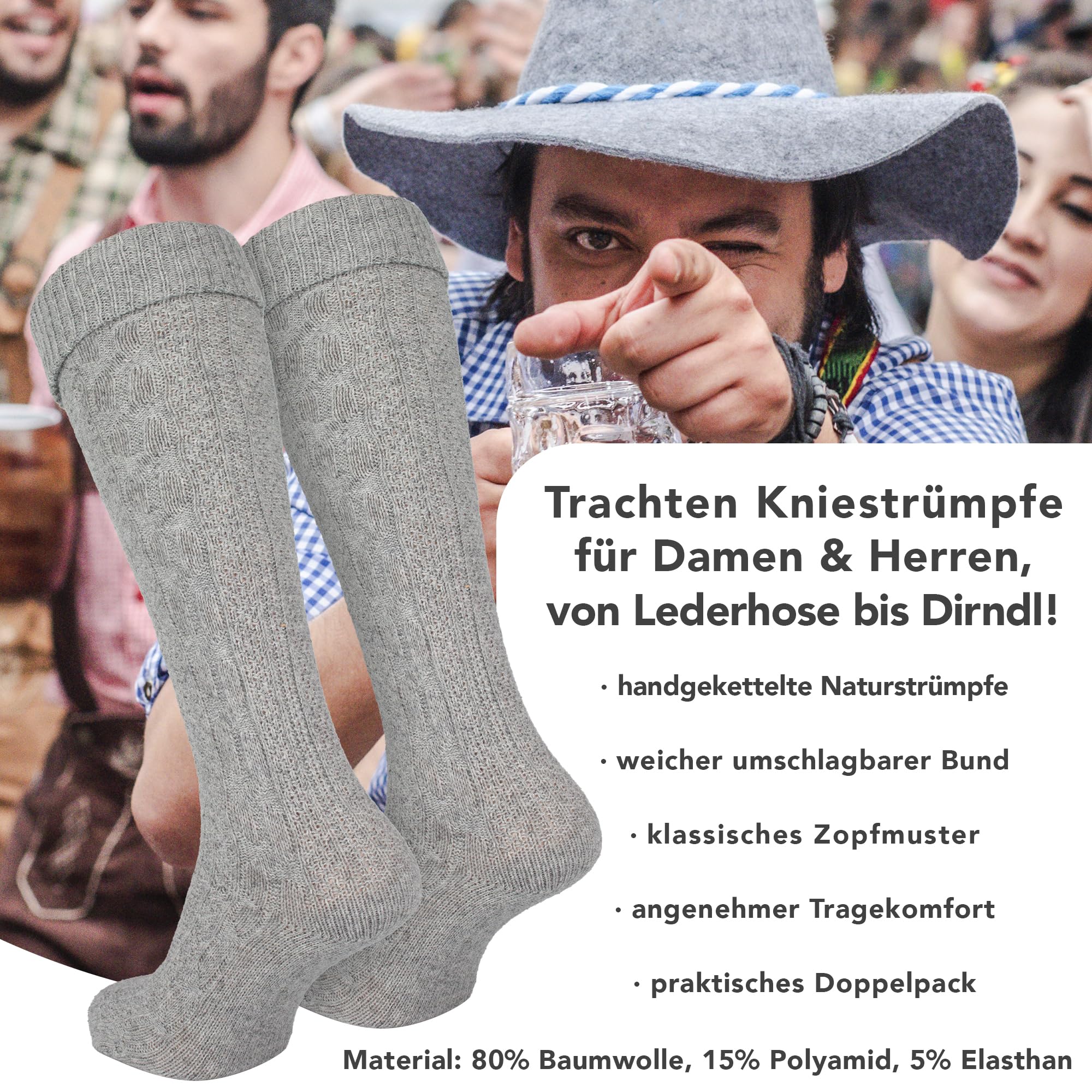Black Snake 2 Paar Trachten Kniestrümpfe für Damen & Herren - mit Zopfmuster & Umschlagbund - weicher Baumwollmix - ideal zur Lederhose & Tracht