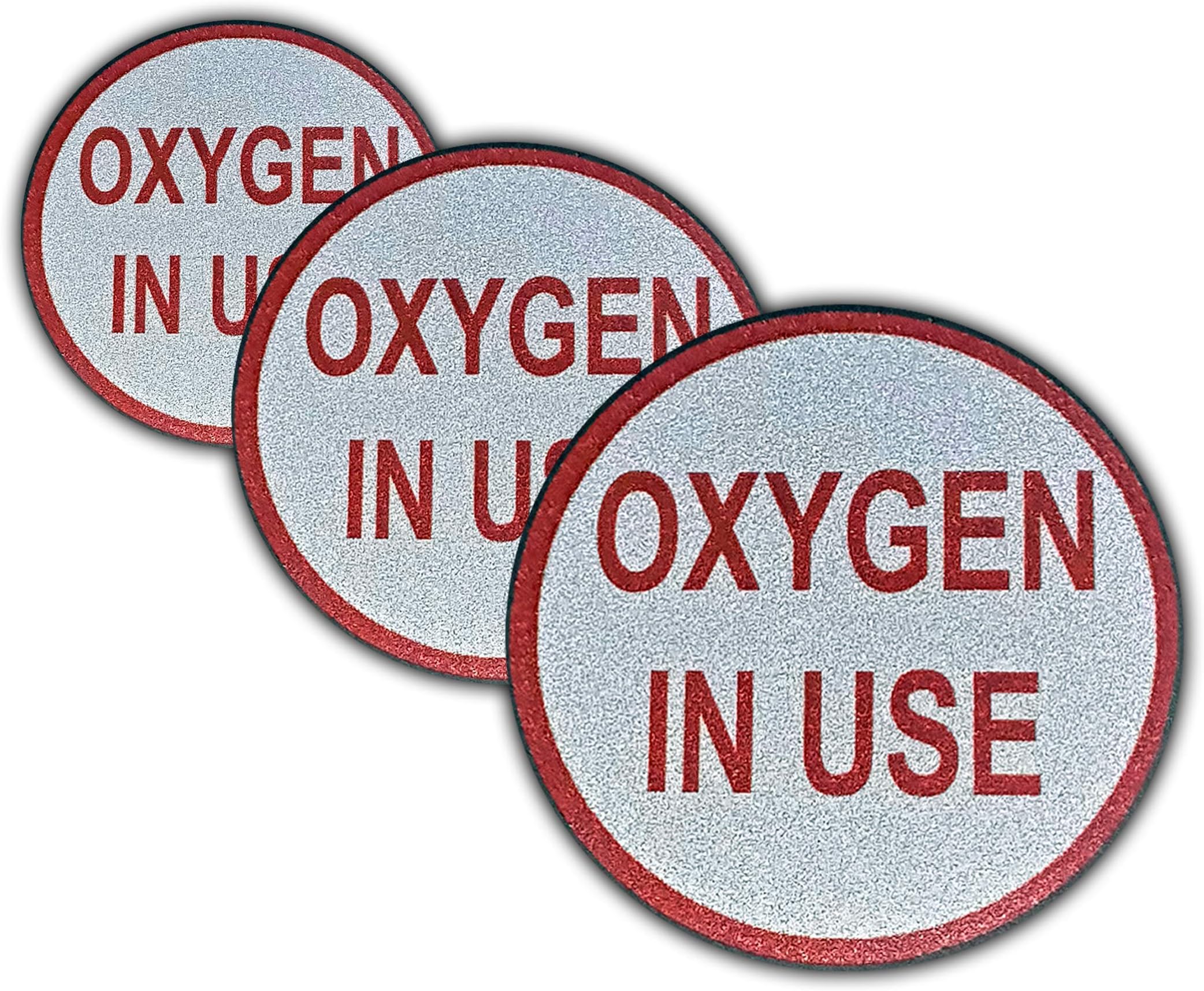 Oxygen in Use Small Stickers (3 pack), 3" x 3" Round, Red on White Reflective Background, Red Bordering, Reflective Vinyl, Indoor and Outdoor Use