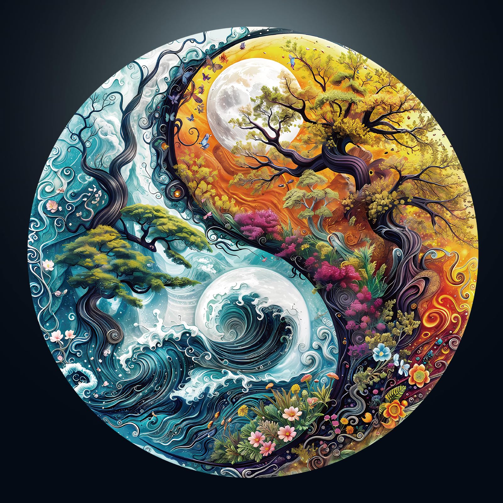 Jigsaw Puzzles for Adults 1000, Yin Yang Landscape 1000 Piece Jigsaw Puzzle, 67.5 x 67.5cm Blue Card Round Flat Puzzle, Colorful Puzzles for Home Decor, Christmas & Birthday Gifts for Family Friends