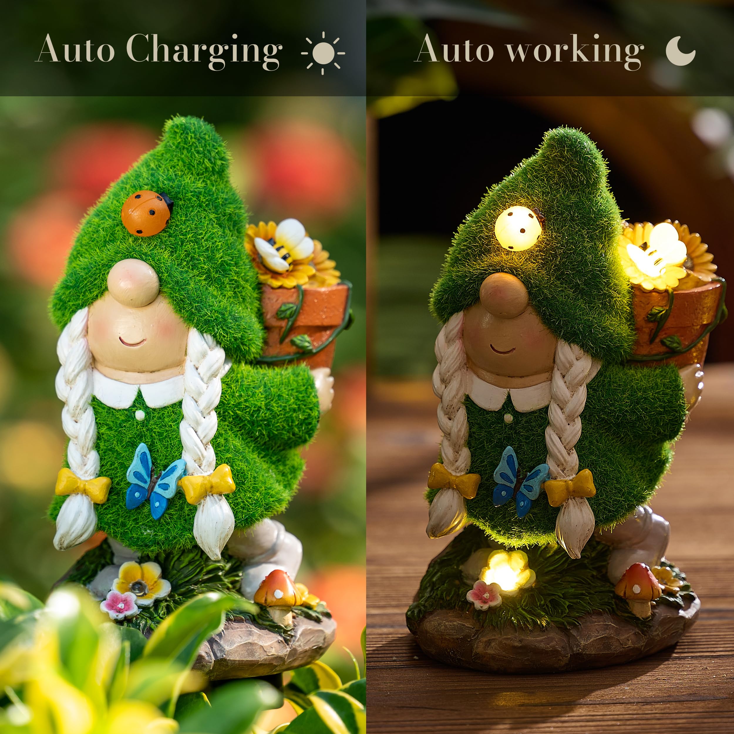 TERESA'S COLLECTIONS Gartenzwerge Gartendeko für Draußen,20cm Wetterfest Figur mit Solarleuchte,Blumenpflücken Gartenfiguren draußen aus Kunstharz,Garten Deko Solar