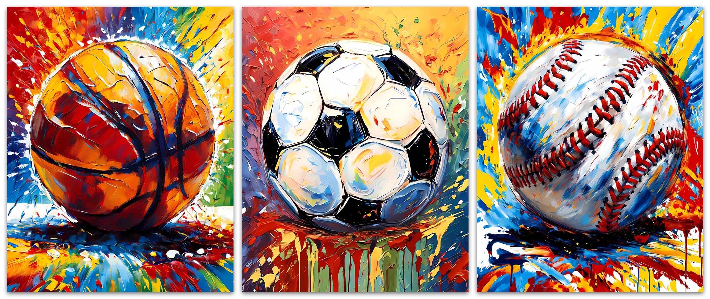 ZOIYINO Basketball Graffiti Canvas Wall Art Prints,Graffiti Wall Art Sports Print Wall Decor Set of 3,Retro Colorful Baseball,Soccer,Basketball Print