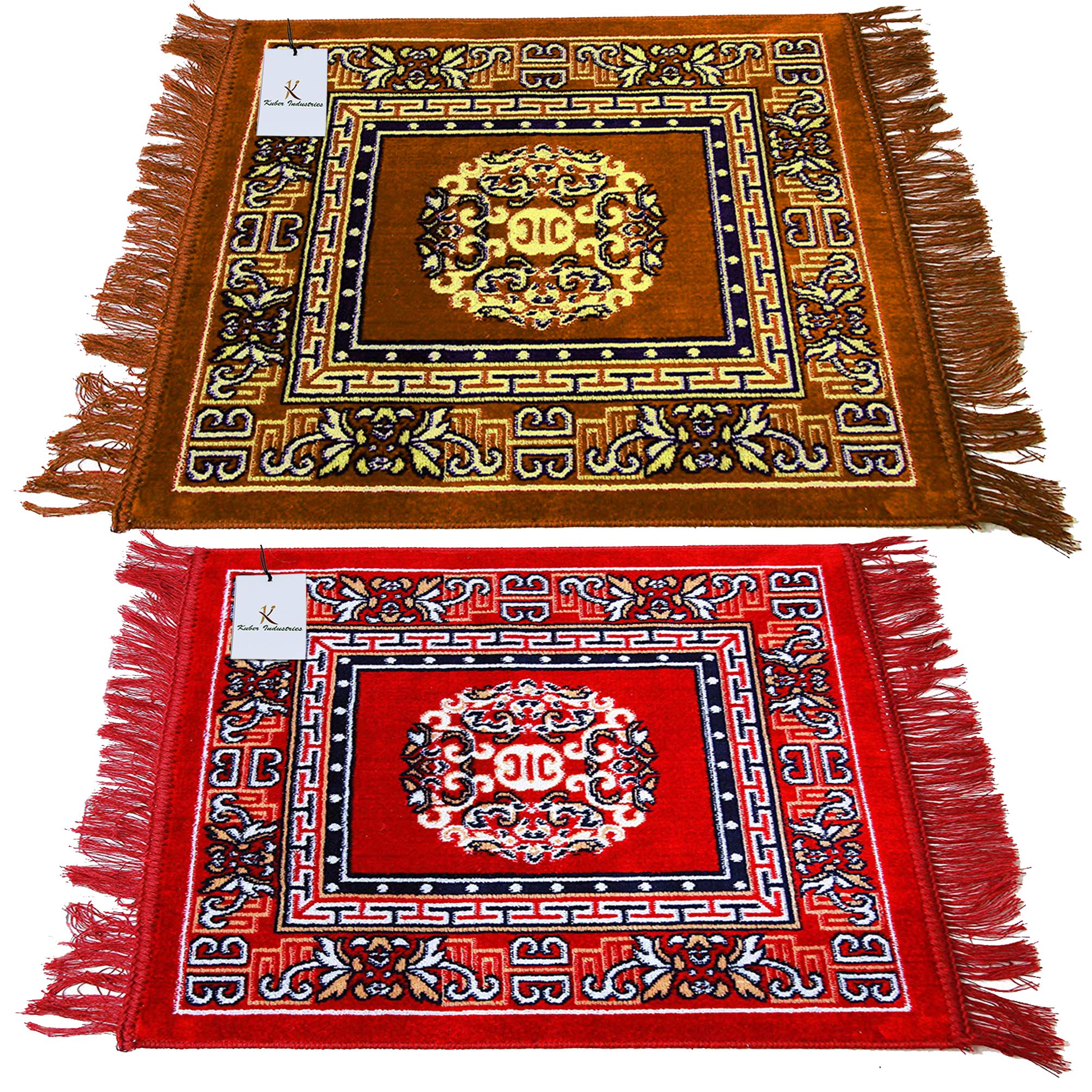 Kuber Industries 2 Pieces Velvet Prayer Mat/Aasan/Pooja Mat/Meditation Mat/Multipurpose Velvet Rug Mat 2 ft X 2 ft (Gold & Red) CTKTC33950, Standard-picture-30
