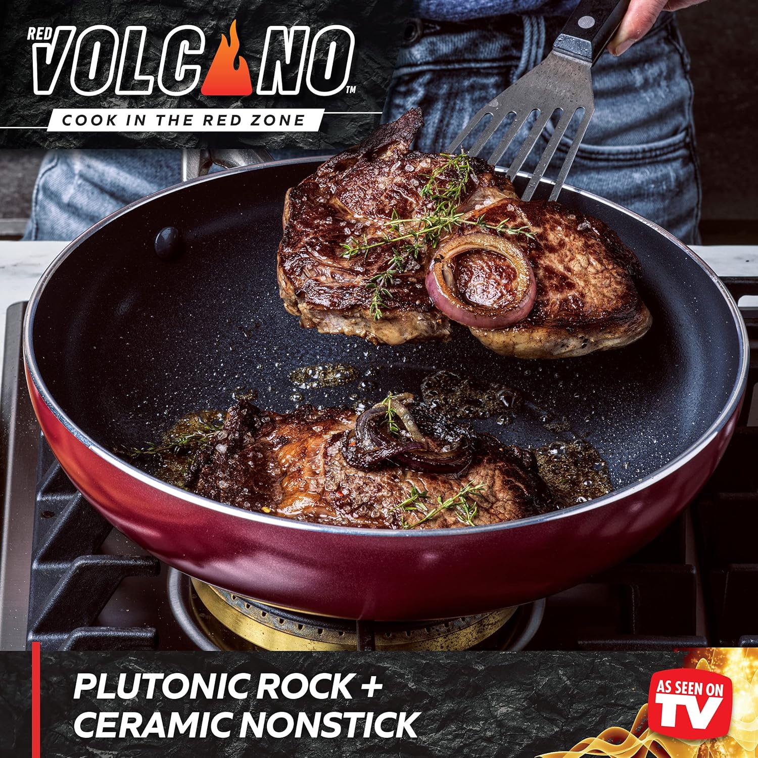 Red Volcano Pan Cooking Steaks