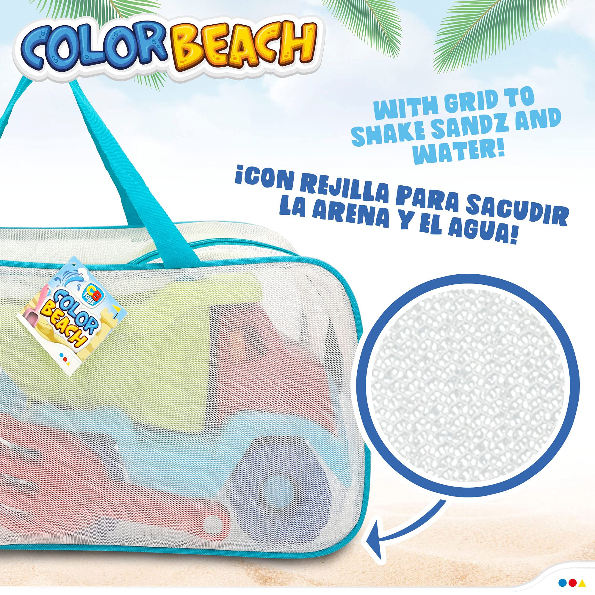 ColorBaby - Juguetes de Playa para niños, Bolsa Juguetes Playa, Cubo Arena, diámetro 18 cm, cedazo, Pala, rastrillo, regadera, camión, moldes Arena, 18mese (49273)