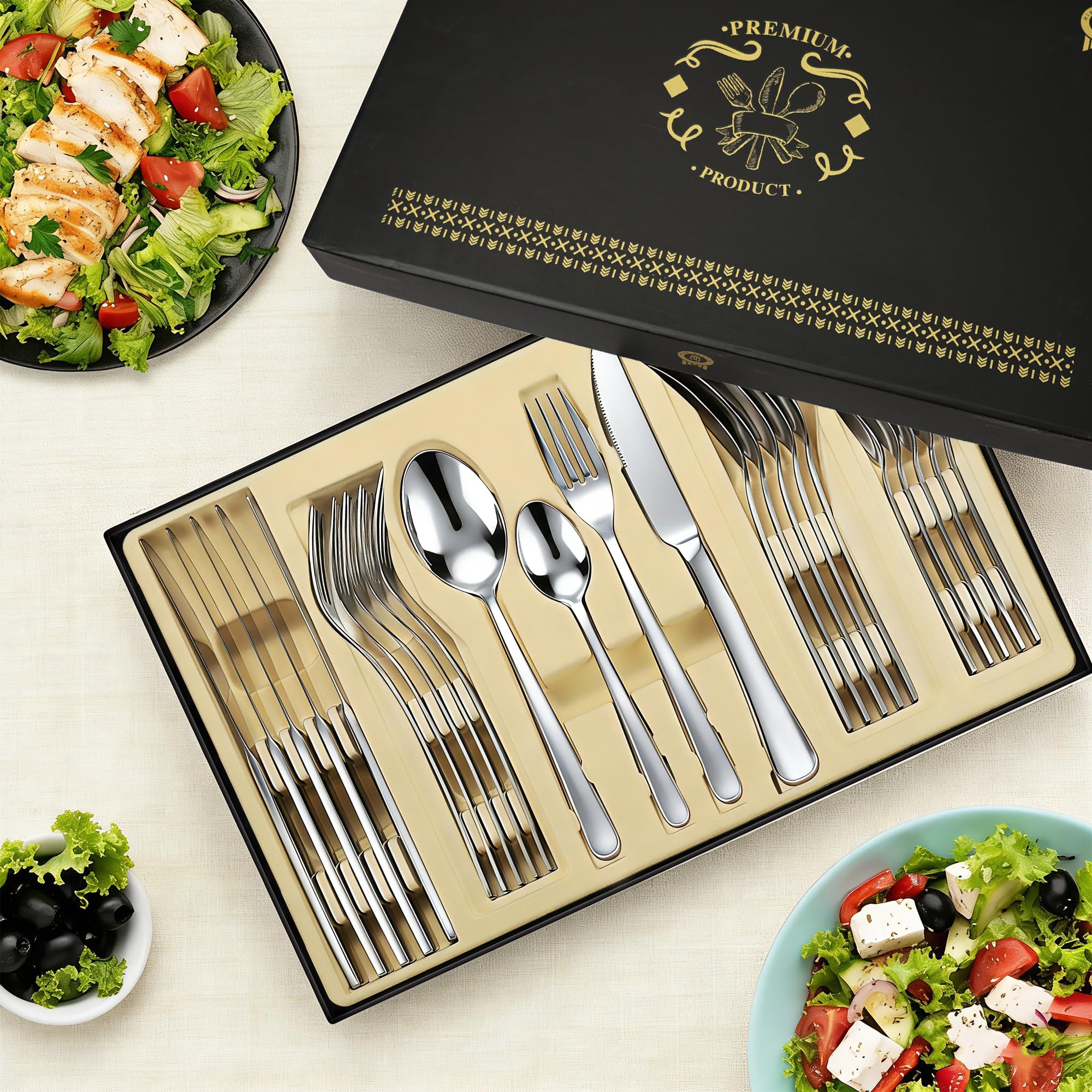 Juego de cubiertos de plata, 24 piezas de acero inoxidable pulido espejo, juego de utensilios de cocina para 6 personas, vajilla para el hogar y el restaurante con caja de regalo