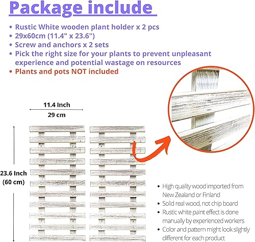 Miniatura 2 de ShopLaLa Macetero de pared de madera, paquete de 2 macetas colgantes de pared para plantas al aire libre, escalera de madera rústica blanca montada