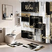 Vista 17 de Juego de 4 Piezas de Cortina de Ducha Amarilla y Gris, Juegos Completos de Baño con Cepillo Abstracto Moderno, Cubierta de Tapa de Inodoro, Tapete