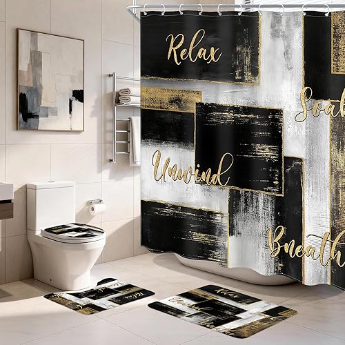 Miniatura 17 de Juego de 4 Piezas de Cortina de Ducha Amarilla y Gris, Juegos Completos de Baño con Cepillo Abstracto Moderno, Cubierta de Tapa de Inodoro, Tapete