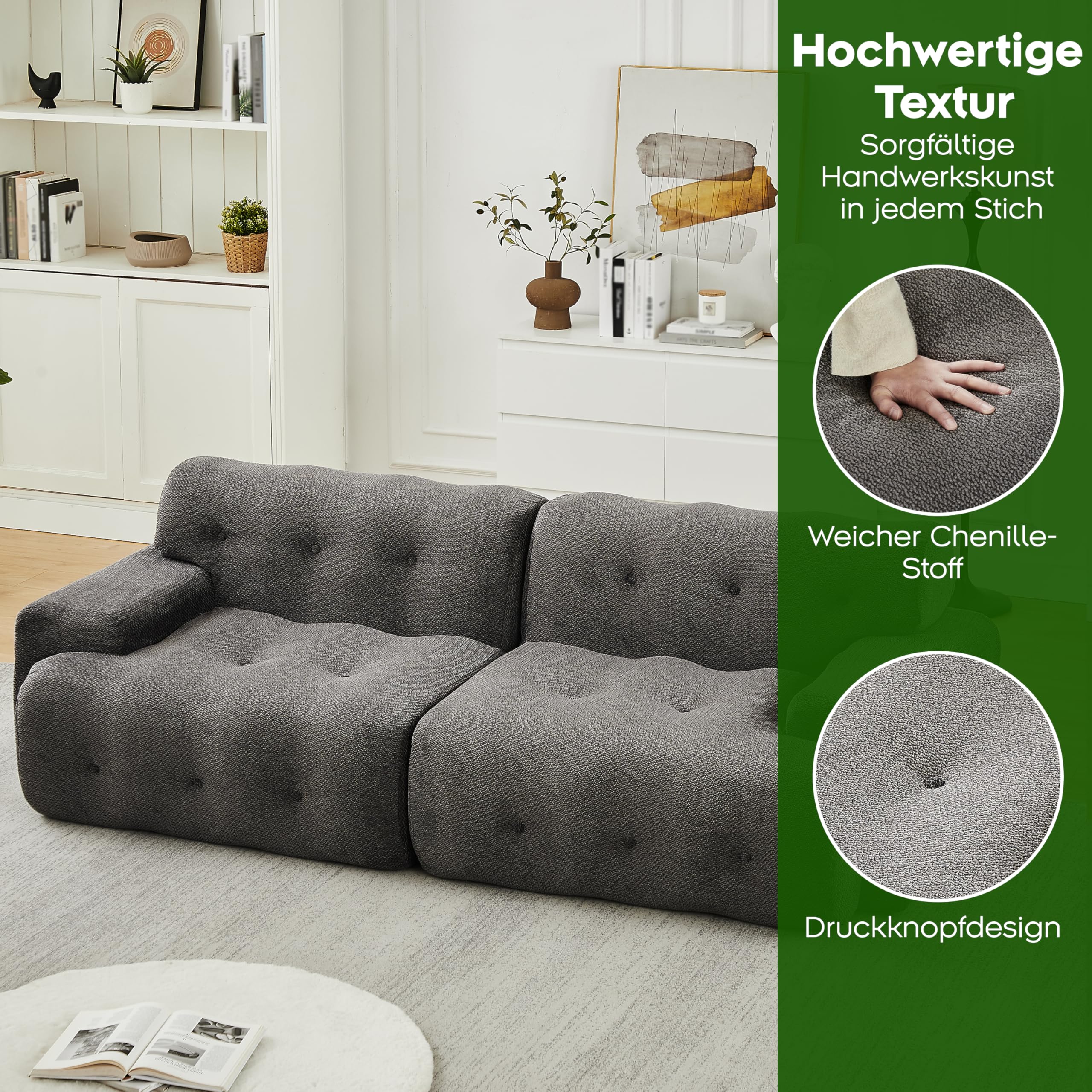 Cloud Sofa 2-osobowa, bardzo duża – modułowa sofa boneless z ornamentem na guziki, szerokie podłokietniki, szenilowe, łukowate, bez montażu, do salonu, szara