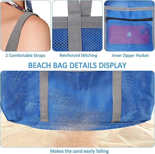 Miniatura 3 de Ayieyill Bolsa de playa de malla para mujer, bolsa de playa plegable grande con bolsillos con cremallera, impermeable, a prueba de arena