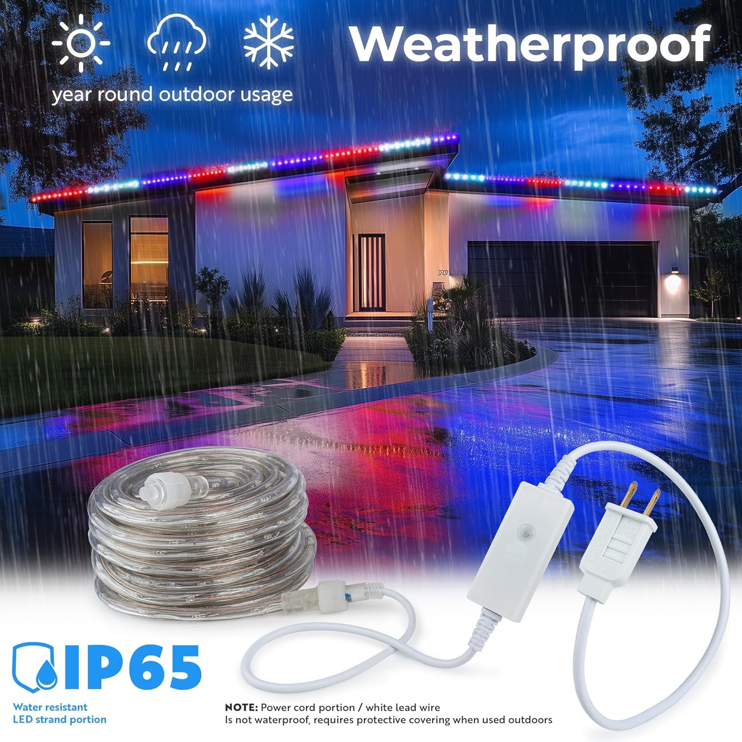 381LEDs, 50ft USA American Red White Blue, Outside LED Rope Light, 8 Modes, Connectable Outdoor Permanent Waterproof Accent Exterior Lighting, PVC Case, Backyard Patio, Garden, Decorative