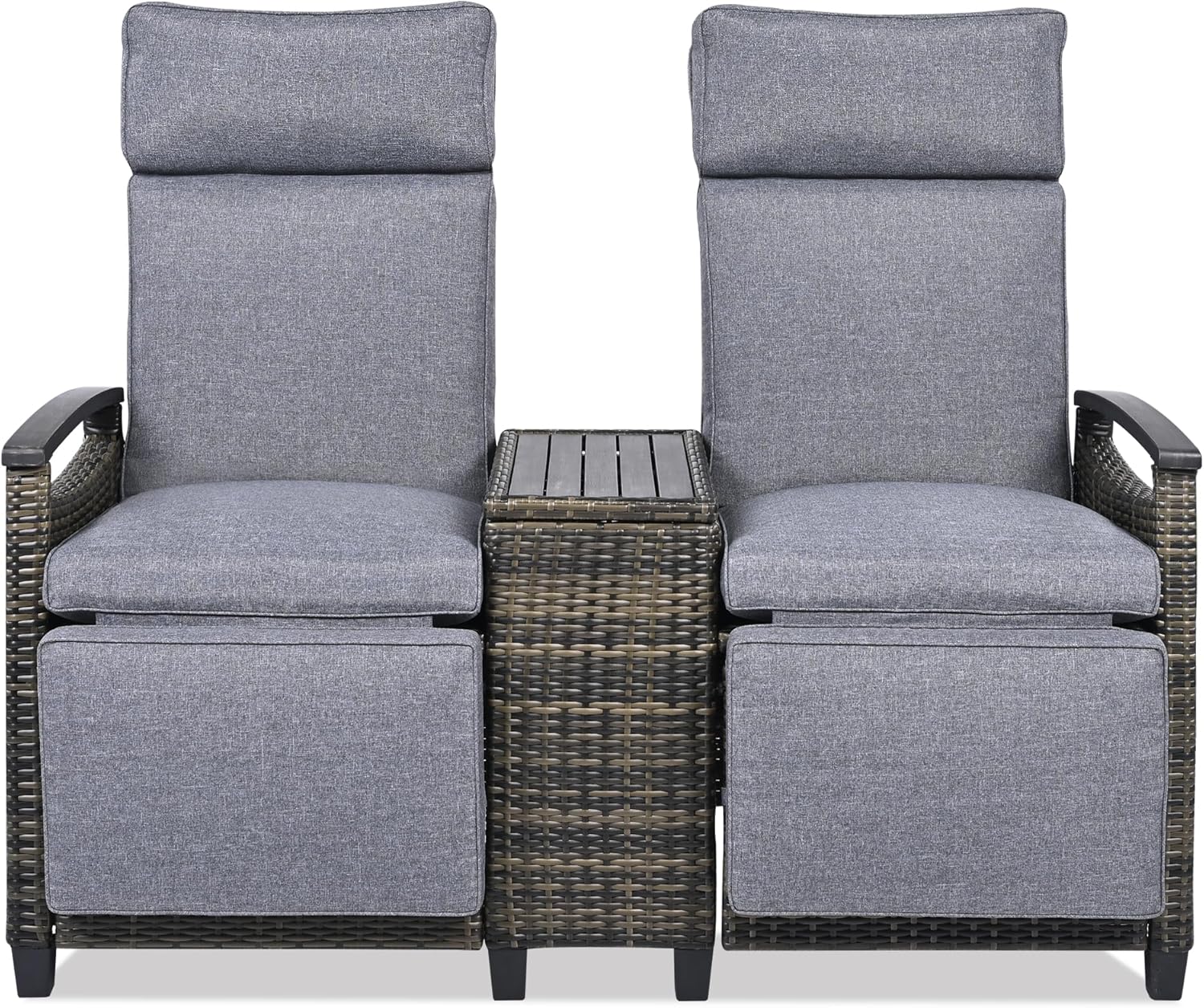 Patio Loveseat Sofa Couch with Built-in Table, Outdoor Recliner Chair with Adjustable Backrest and Footrest, Wicker Chaise Lounge Chair for Porch, Garden, Balcony, Lawn (Gray)