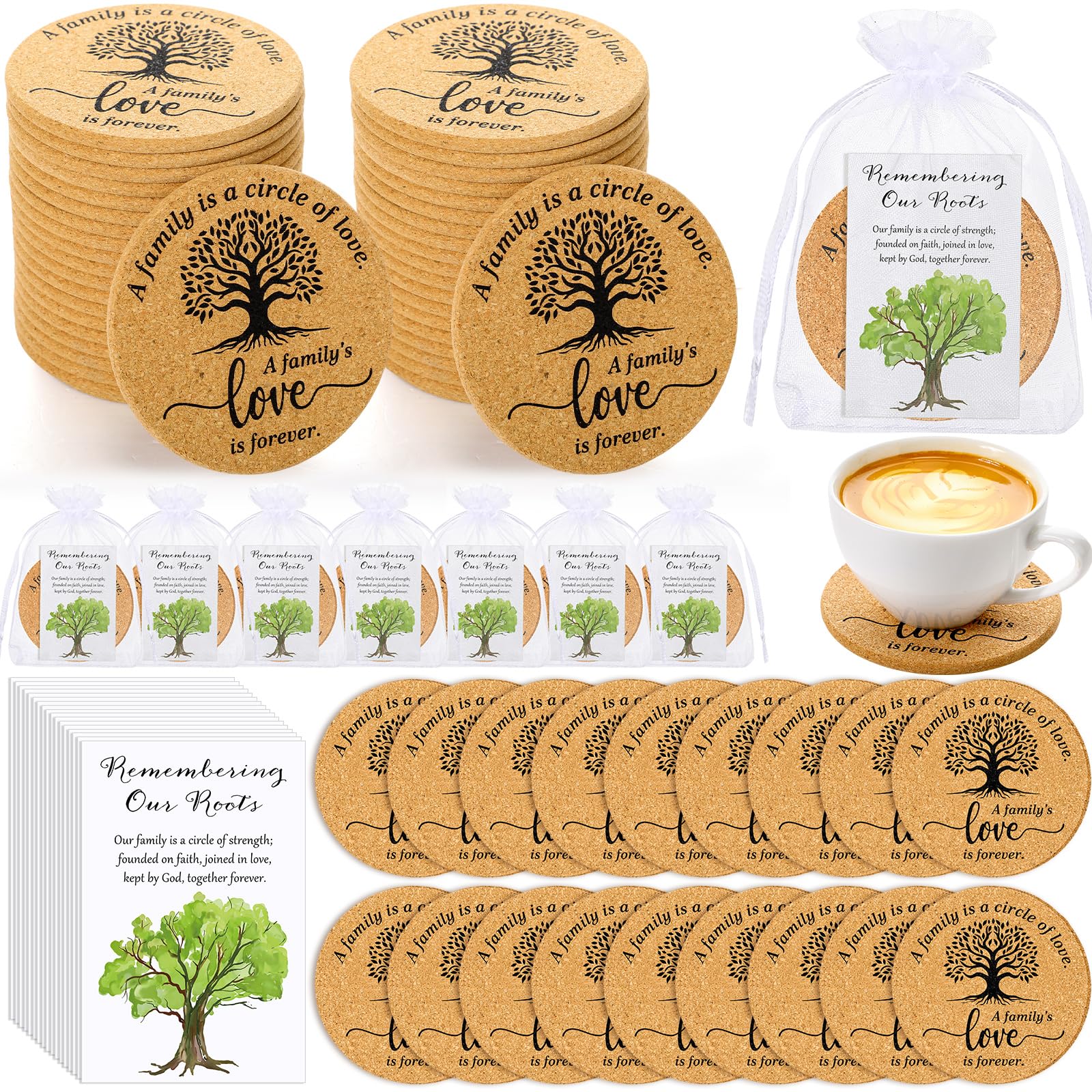 Teenyyou Juego de 100 posavasos de corcho absorbente con tarjetas y bolsas de regalo de organza, regalo para reuniones familiares