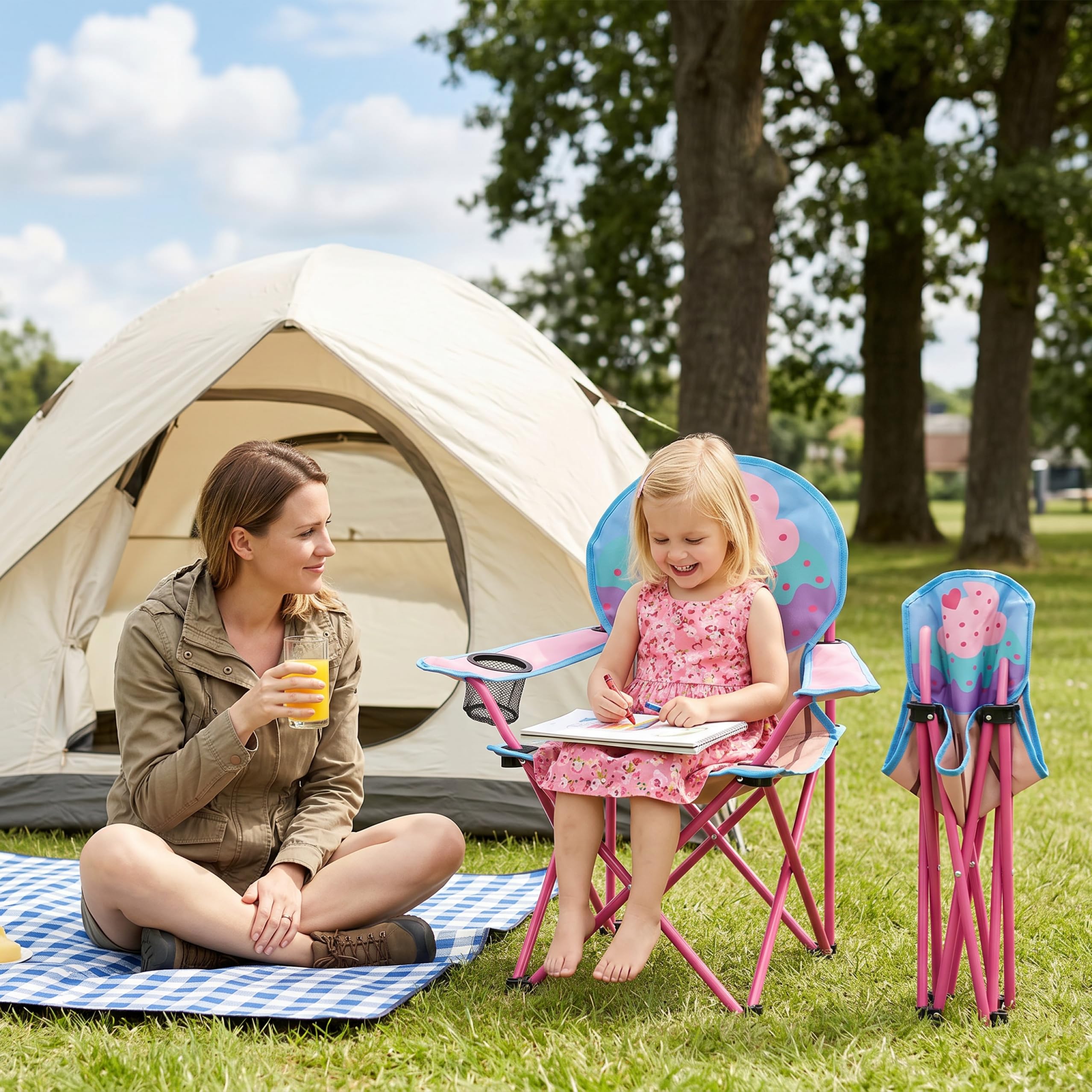 Silla de camping para niños | Silla de campamento para niños, tela Oxford 600D plegable para acampar, sillas portátiles para exteriores con patrón de helado y pastel para pequeños con portavaso