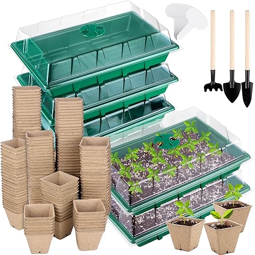 Miniatura 1 de Paquete de 6 bandejas de inicio de semillas con 120 macetas cuadradas de turba para plántulas, incluyendo etiquetas de plantas, herramientas de