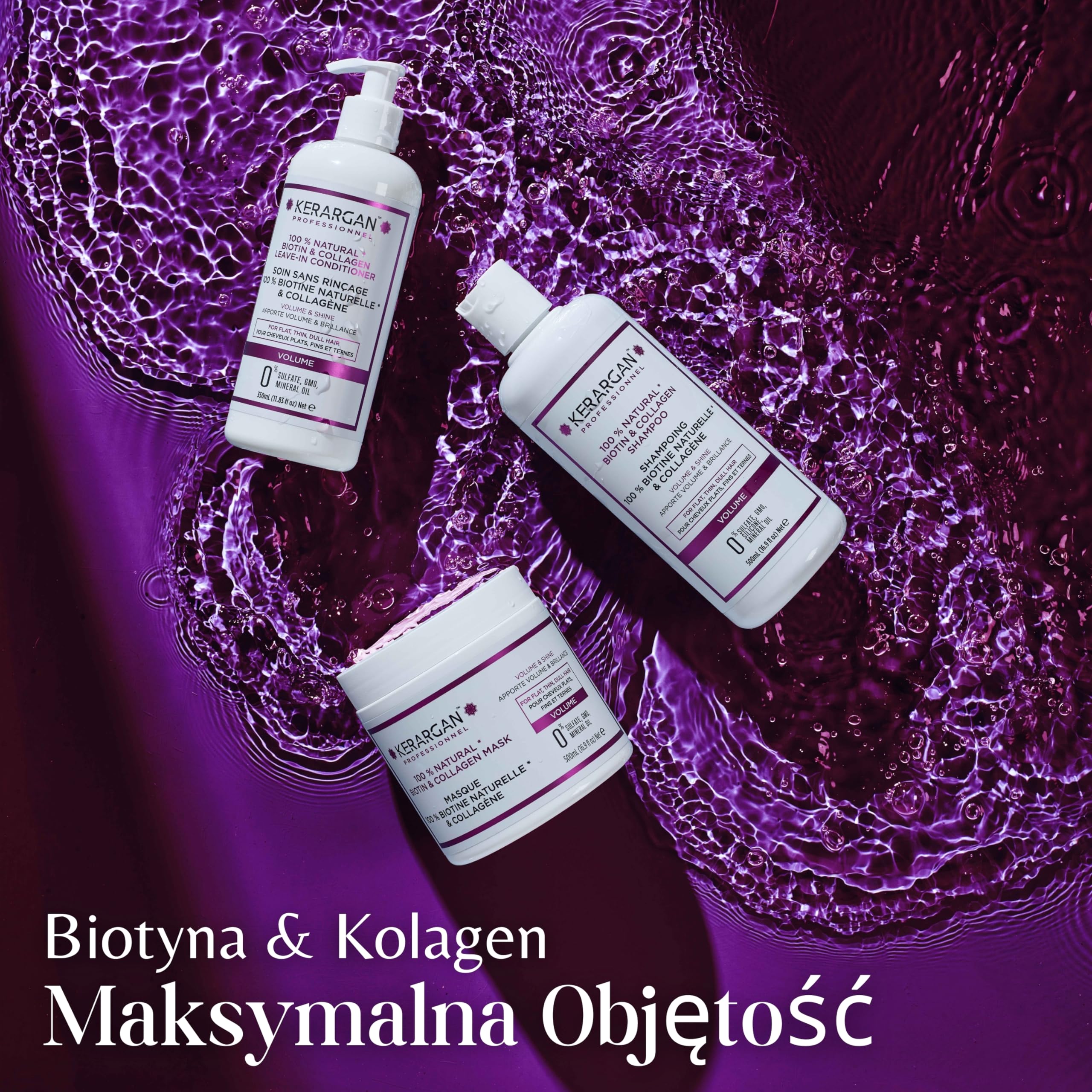 Kerargan - Szampon Objętościowy z Biotyną i Kolagenem - Dla Włosów Płaskich, Cienkich, Matowych - Wzmacniający, Nabłyszczający, Nawilżający - Bez Sulfatów, GMO, Silikonu, Oleju Mineralnego - 500ml