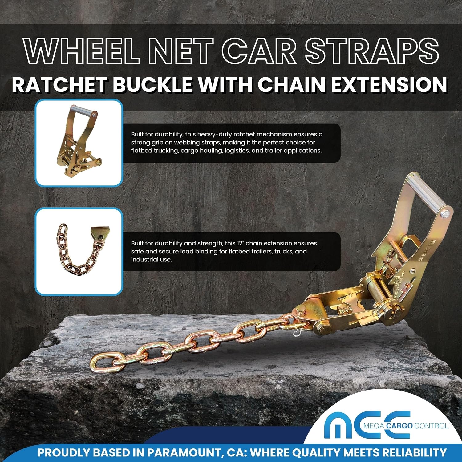 Mega Cargo Control Side Mount Wheel Nets with Ratchet & Chain Extensions, 4 Pack Black Lasso Tie Down Straps for Car Hauling