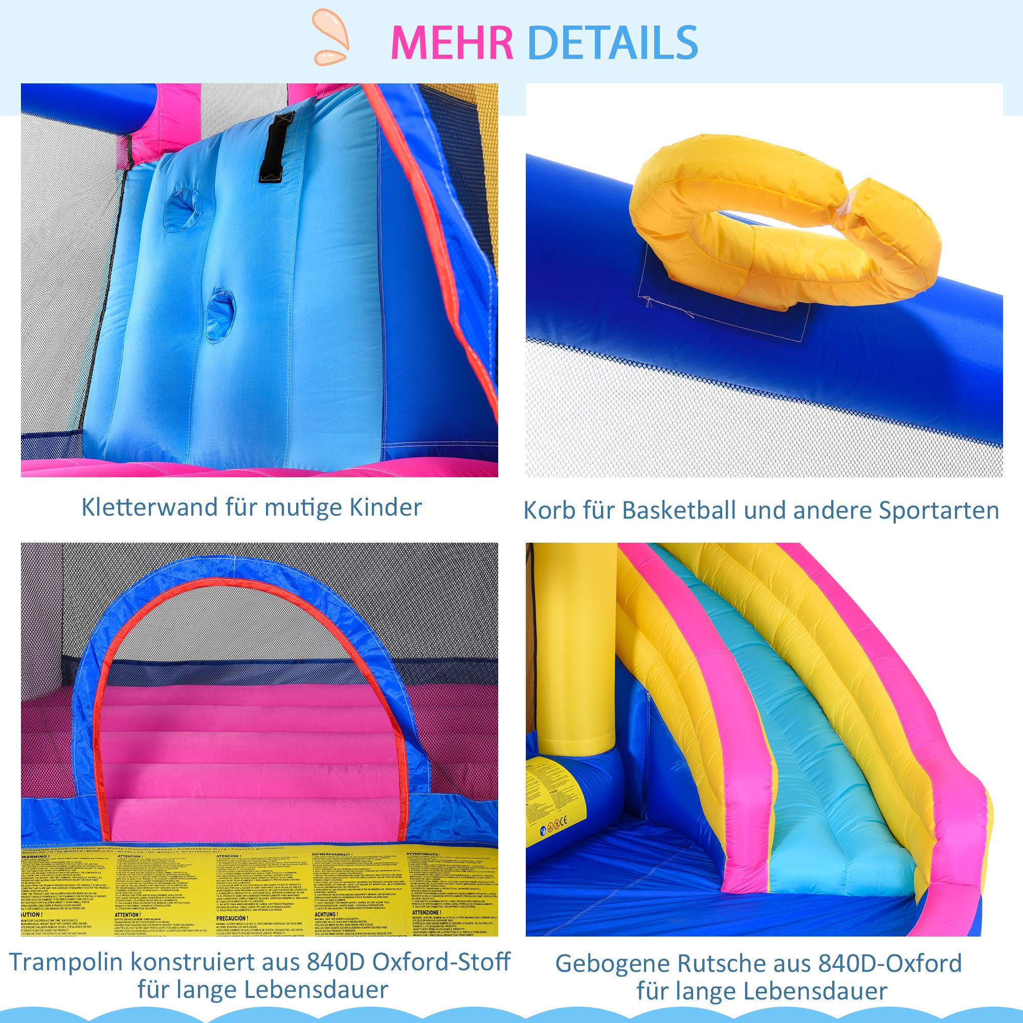 Outsunny Hüpfburg mit Gebläse 5 in 1 aufblasbare Wasserpark im Einhorn-Design mit Wasserrutsche Planschbecken Trampolin Basketballkorb Hüpfburgen für 3–8 Jahre Kinder für Indoor Outdoor 360x305x210 cm