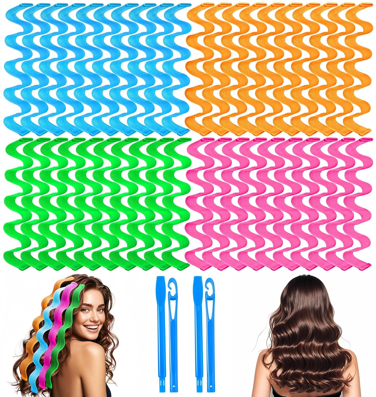 42 Pieces Heatless Waves Hair Curler, No Heat Damage Wavy Hair Curlers with 2 Sets of Styling Hooks, Heatless Curls for Women Girls Long Medium Short Hair (4 Colors,45cm/ 17.7") 17.7 Inch (Pack of 40)