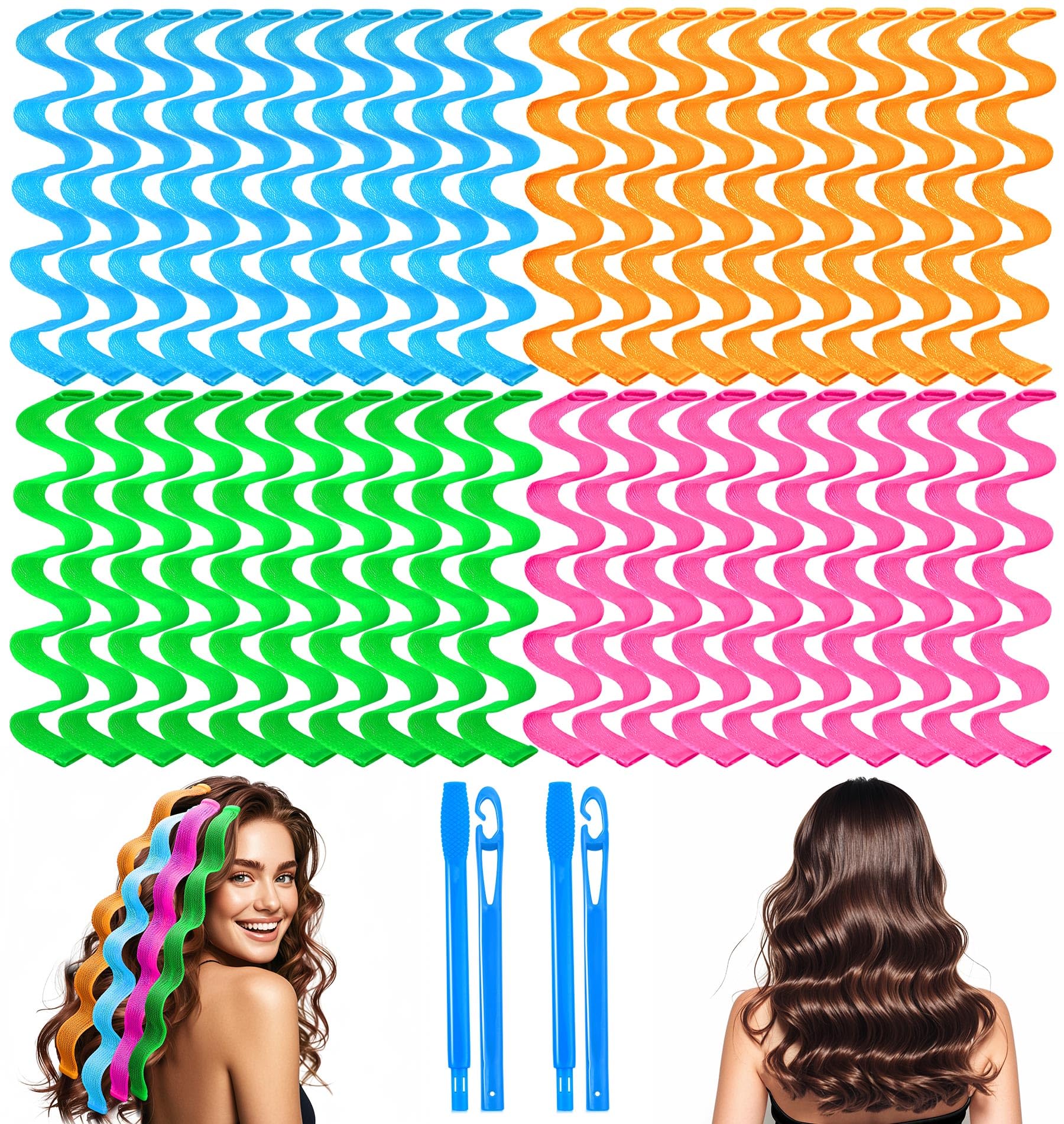 42 Pieces Heatless Waves Hair Curler, No Heat Damage Wavy Hair Curlers with 2 Sets of Styling Hooks, Heatless Curls for Women Girls Long Medium Hair (
