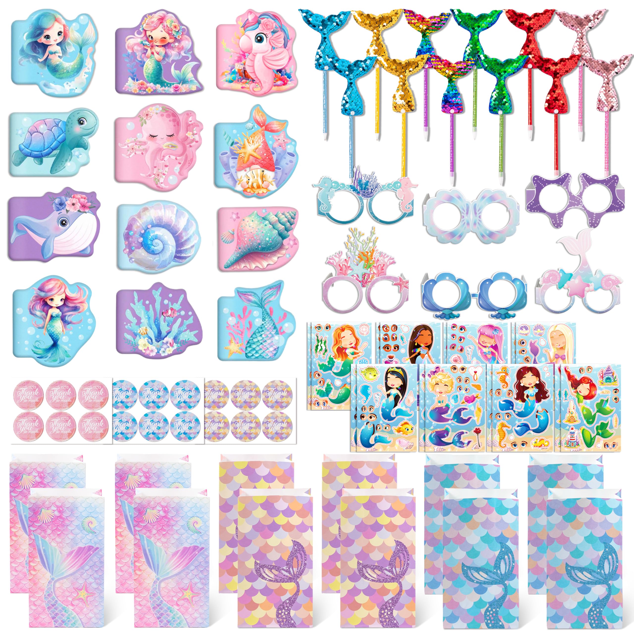 GwaOery Mermaid Party Bags Fillers Mermaid Assorted Toys Filler with Paper Glasses DIY Stickers Gift Bags Notebooks Trick & Treat Party Supplies for Kids Boys Girls Princess Birthday Gifts