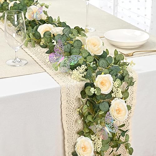 Miniatura 7 de Yastouay 2 guirnaldas de flores de 13.4 pies con mariposa, guirnalda de eucalipto artificial con flores de champán, rosa falsa de camelia para