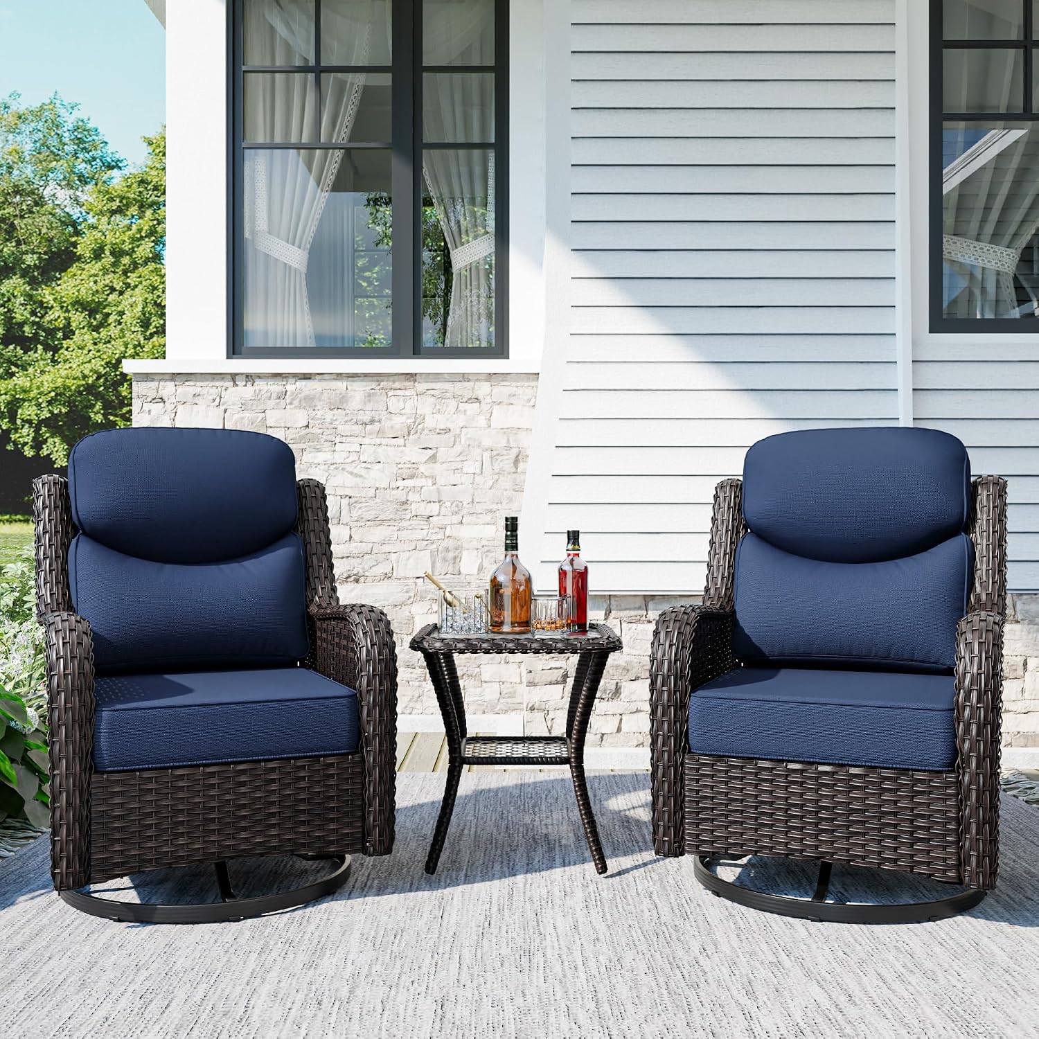 Patio Swivel Chairs Set of 2 and Side Table, Outdoor Swivel Rocker Patio Chairs with High Back and Thick Cushions, Wicker Patio Furniture Set for Porch, Deck Use (Blue, 3 PCS)