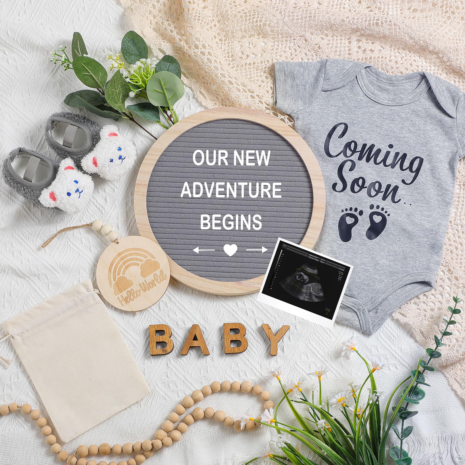 Canlierr 8 Pcs Pregnancy Announcement Set Pregnancy Reveal Ideas Include Felt Letter Round Board Kit Baby Bodysuit Booties Wood Blocks Wooden Signs