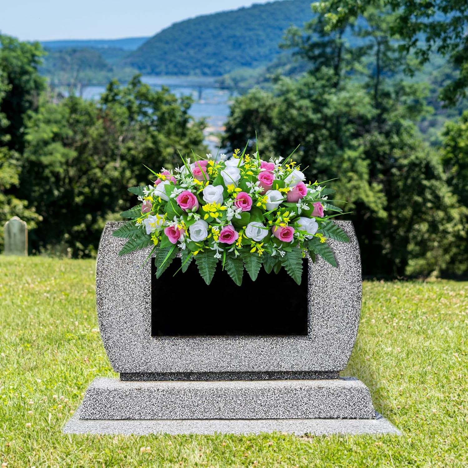 Artificial Cemetery Flowers Saddle-Shaped Tombstone Decorations Non-Fading UV-Resistant（Pink+White Saddle ）