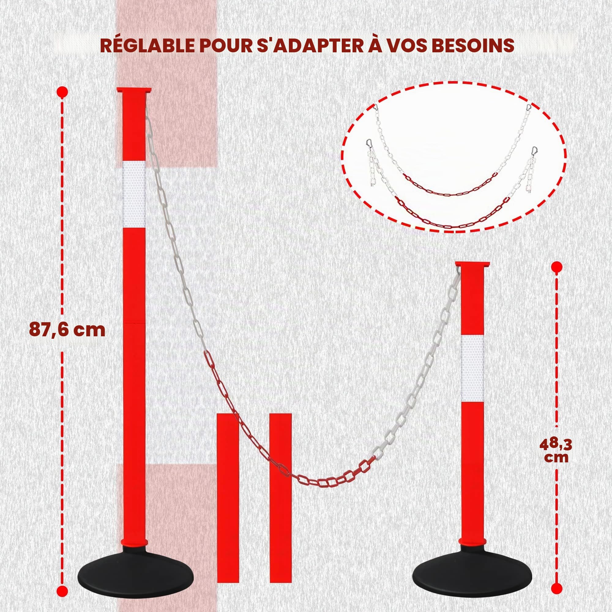 Poteau d'eyeliner avec base lestée et colliers réfléchissants, cônes de stationnement réglables avec chaînes de 4 pieds, poteau de barrière d'entrée de véhicule orange portable pour contrôle