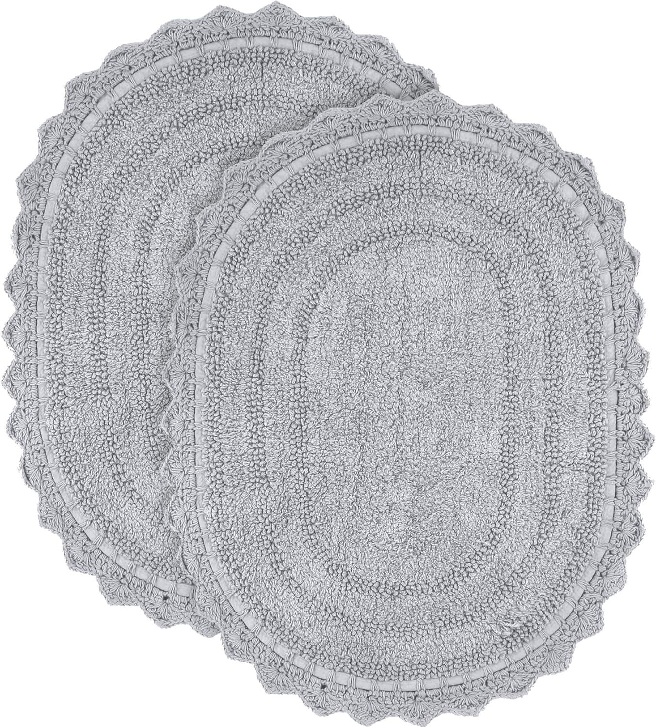Light Grey Bathroom Rug with Crochet Pattern Oval 24x17 Inches Pack of 2 Reversible Boho Bath