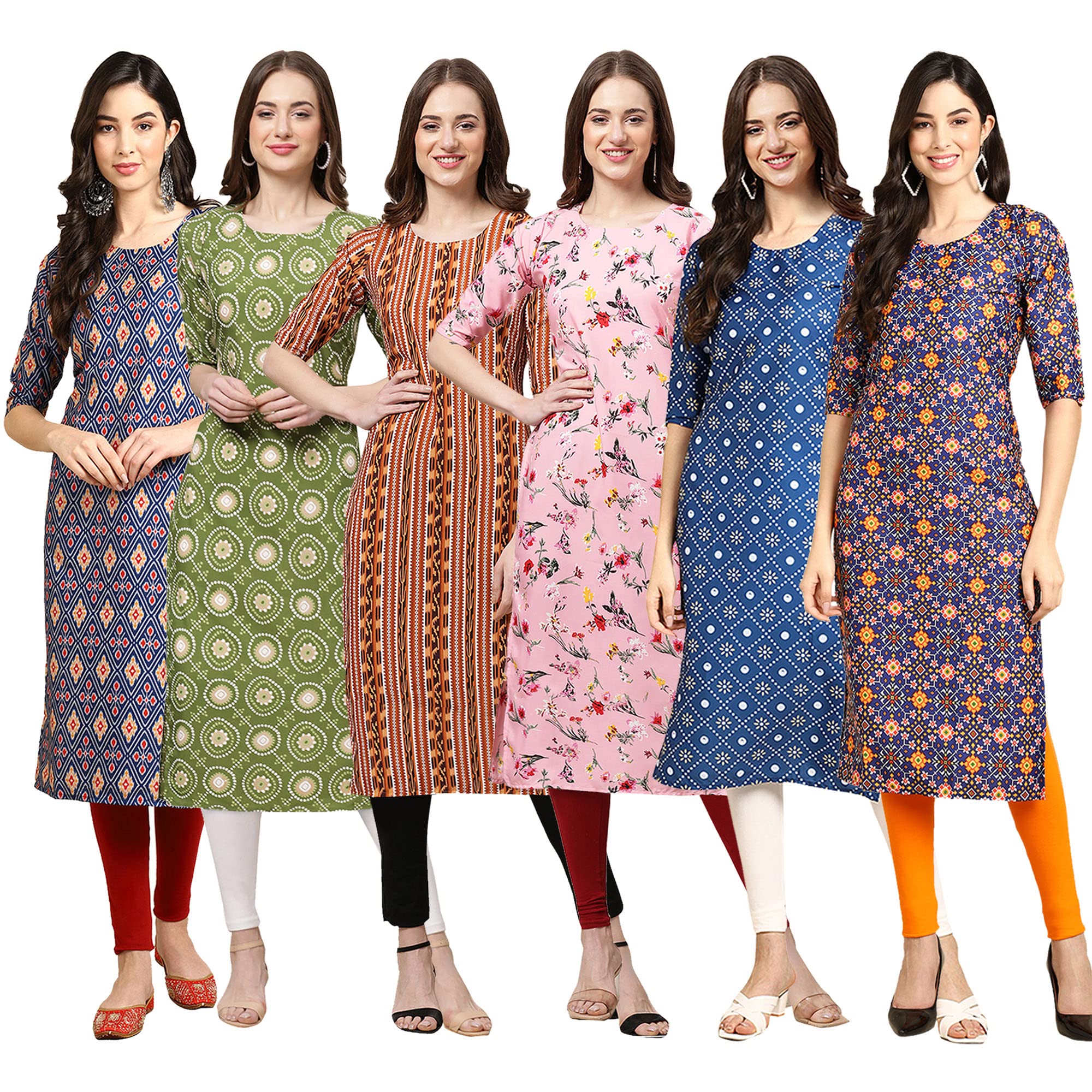 Pinkmint Women's Crepe Digital Print Straight Kurta Pack Of 6 [Cr-358-338-344-339-353-369-S]