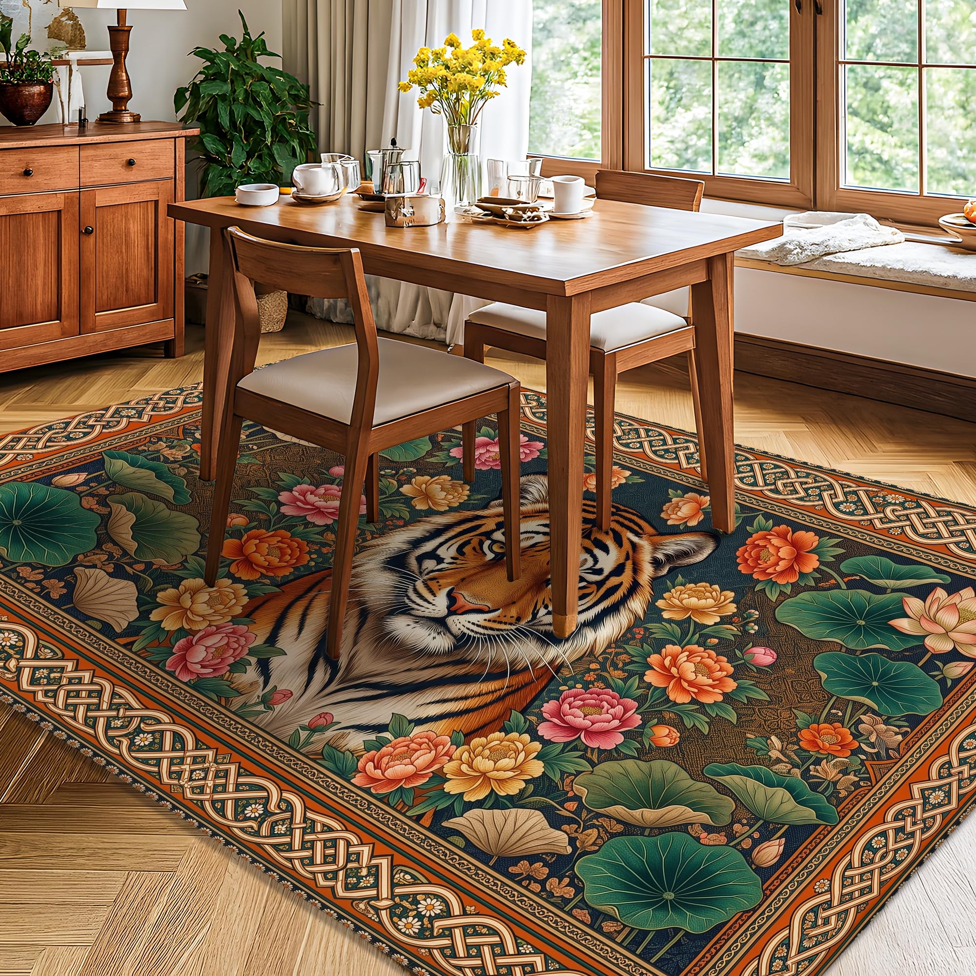 Tapis oriental botanique tigre et pivoine, 1,5 x 2,1 m