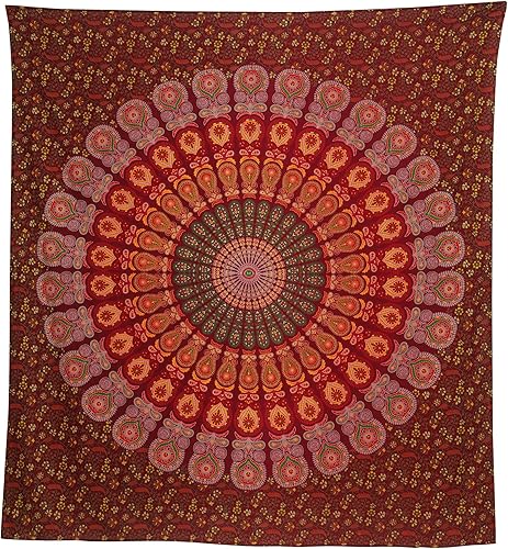 Miniatura 56 de Tapiz hippie indio bohemio psicodélico dorado mandala de pavo real azul dorado para colgar en la pared (naranja marrón, King (88 x 104 pulgadas)