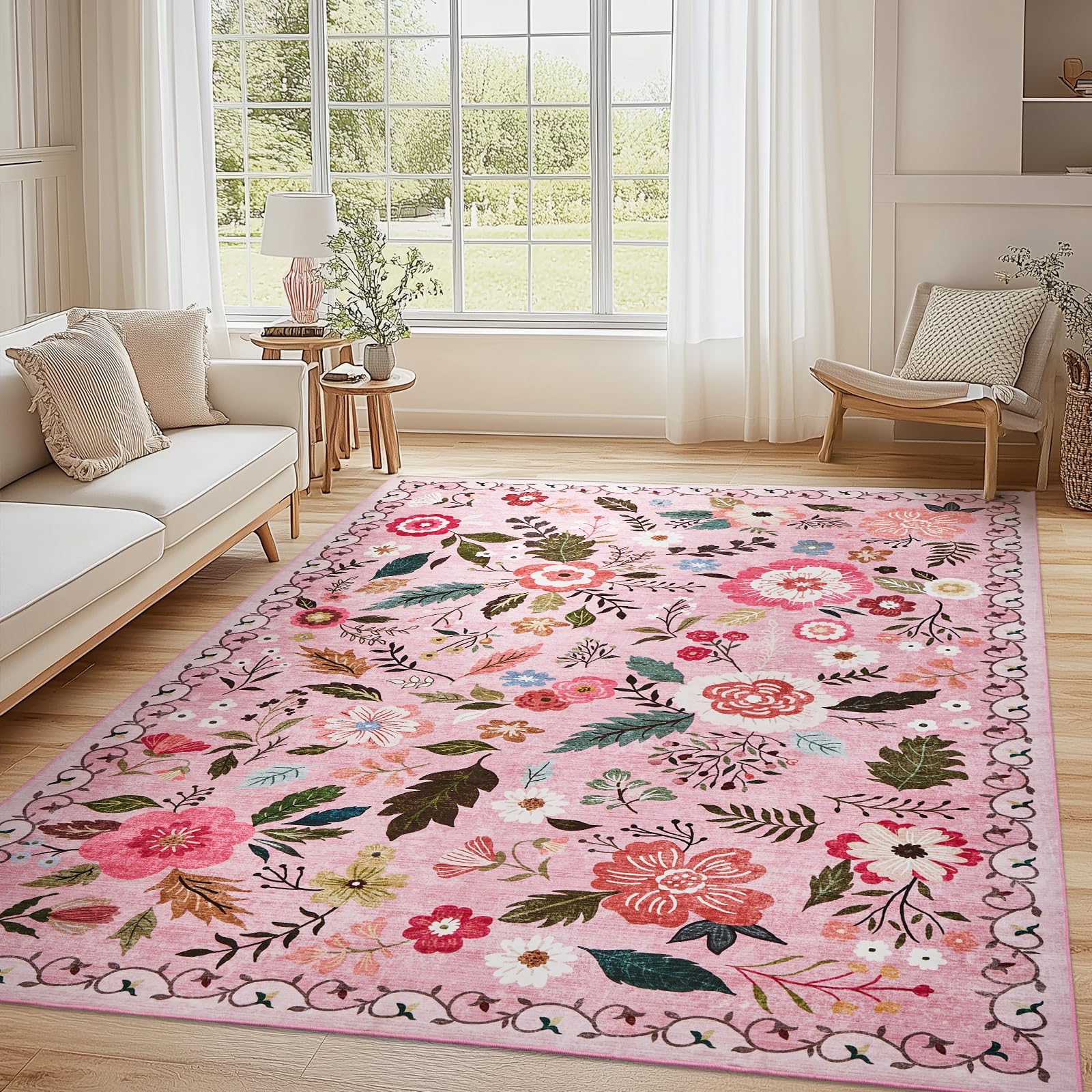 Puremy Rugs Living Room, Low-Pile Boho Floral Printed Rug for Bedrooms Anti-Slip Soft Washable Ultra Thin Carpet for Nursery, ‎Kids' Room, Dining Room, Farmhouse, Home Decor, 140x200cm, Pink
