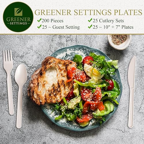 Miniatura 4 de Juego de cubiertos 100% compostablestenedores, cucharas, cuchillos, cubiertos  200 utensilios desechables grandes de 7 pulgadas, alternativa