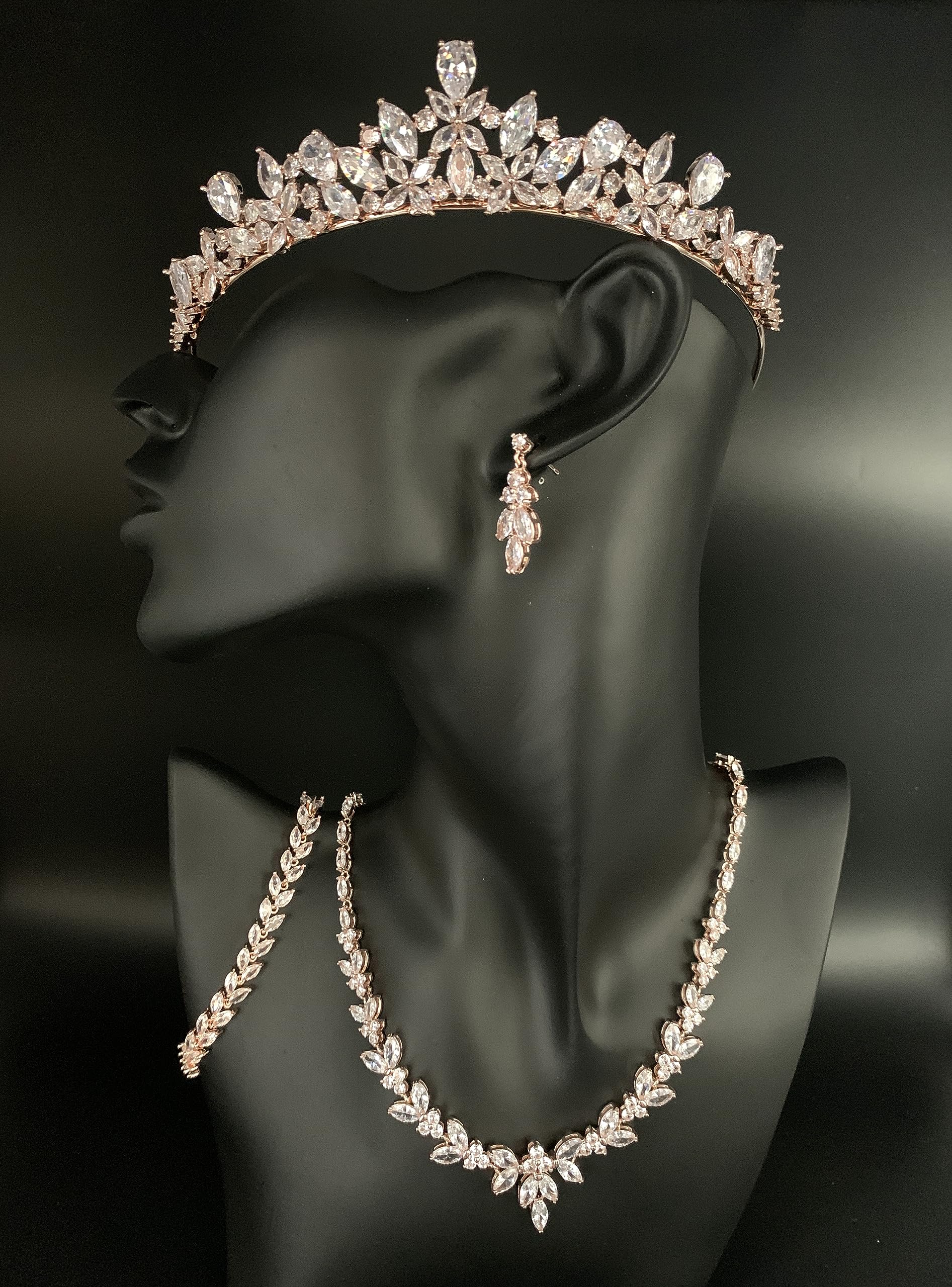ROSEGOLD Zirkonia Schmuck Kette Schmuckset Armband Hochzeit Collier Halskette Brautschmuck Kommunion Ball Abiball Diadem Tiara Collier Krone Haarschmuck