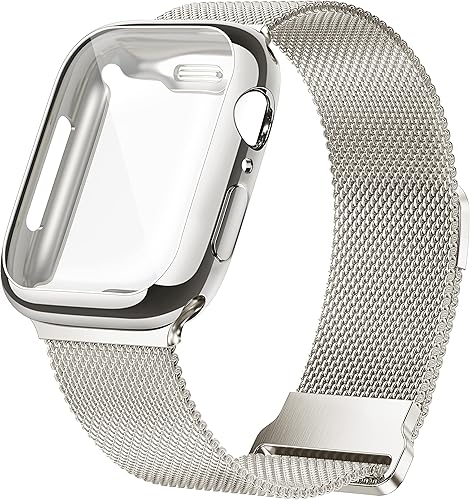 Geoumy Bandas metálicas magnéticas compatibles para Apple Watch Band 44mm con estuche, correa de reemplazo de bucle de malla milanesa de acero
