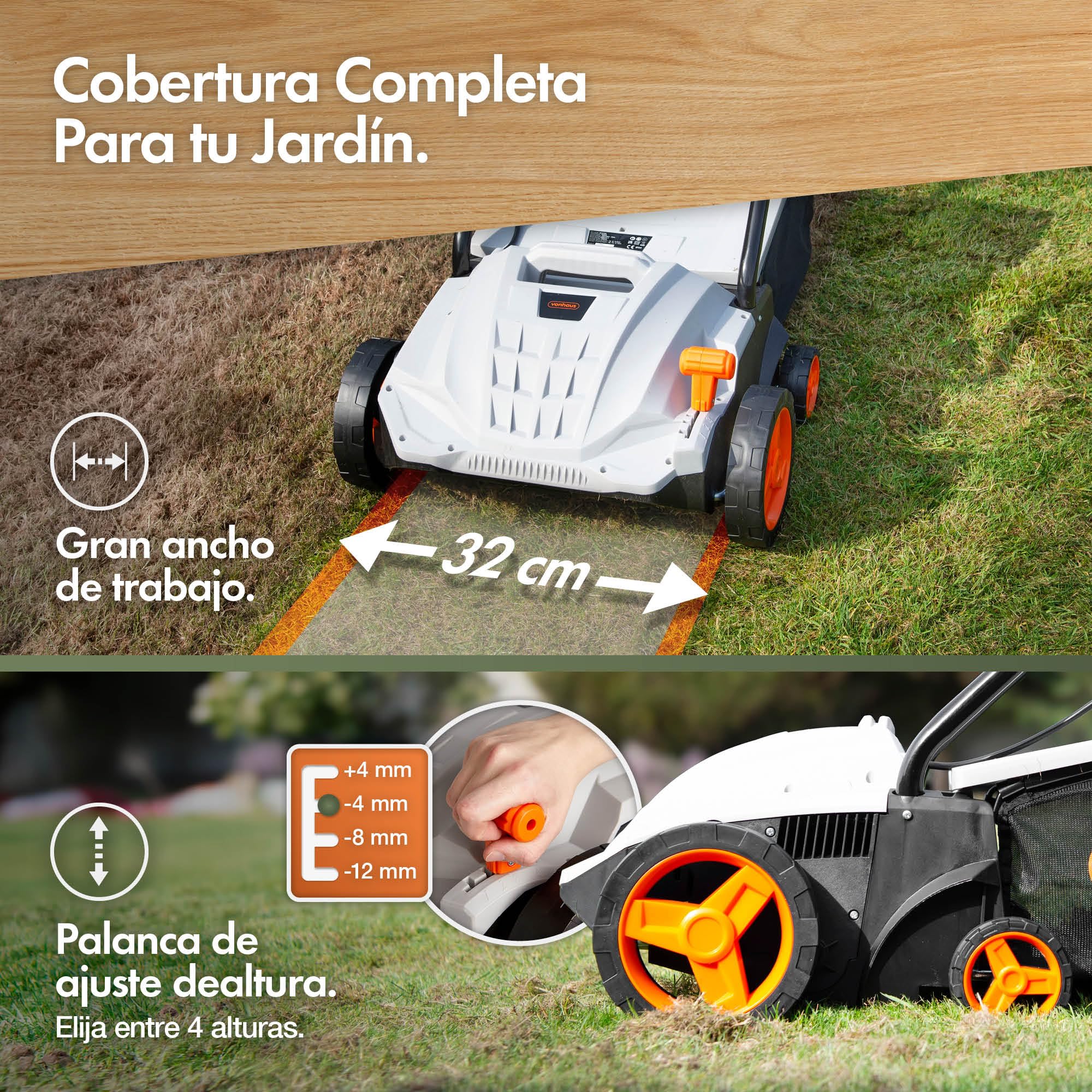 VonHaus Escarificador/Aireador/Rastrillo Eléctrico 1500W – Para Escarificar Y Rastrillar El Césped, Elimina Fieltro, Musgo Y Hojas Secas, Aireación Del Suelo, Caja 30L, 4 Alturas, Ancho 32cm