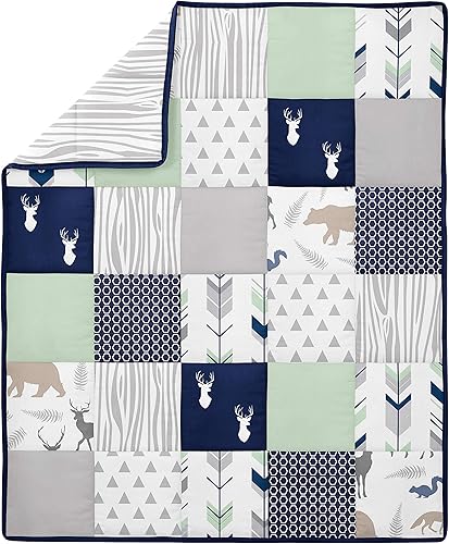 Miniatura 3 de Sweet Jojo Designs Juego de ropa de cama para cuna de bebé, diseño de ciervos y ciervos de color azul marino, colcha de habitación infantil, sábana