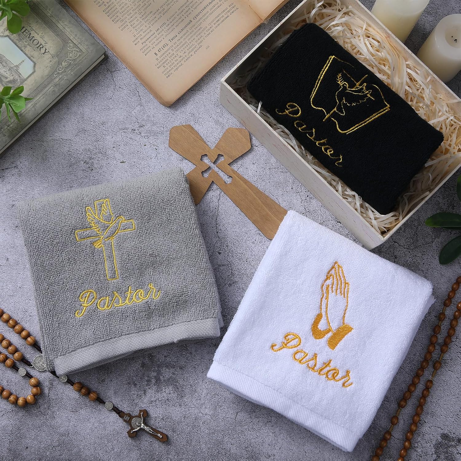 Peryiter Black White Gray 3 Pcs Gift for Father's Day, Cotton Embroidered Pastor Hand Towels, Appreciation Gifts for Men, Father, Grandfather and Pastor, Christian Clergy Gifts with Gold Lettering