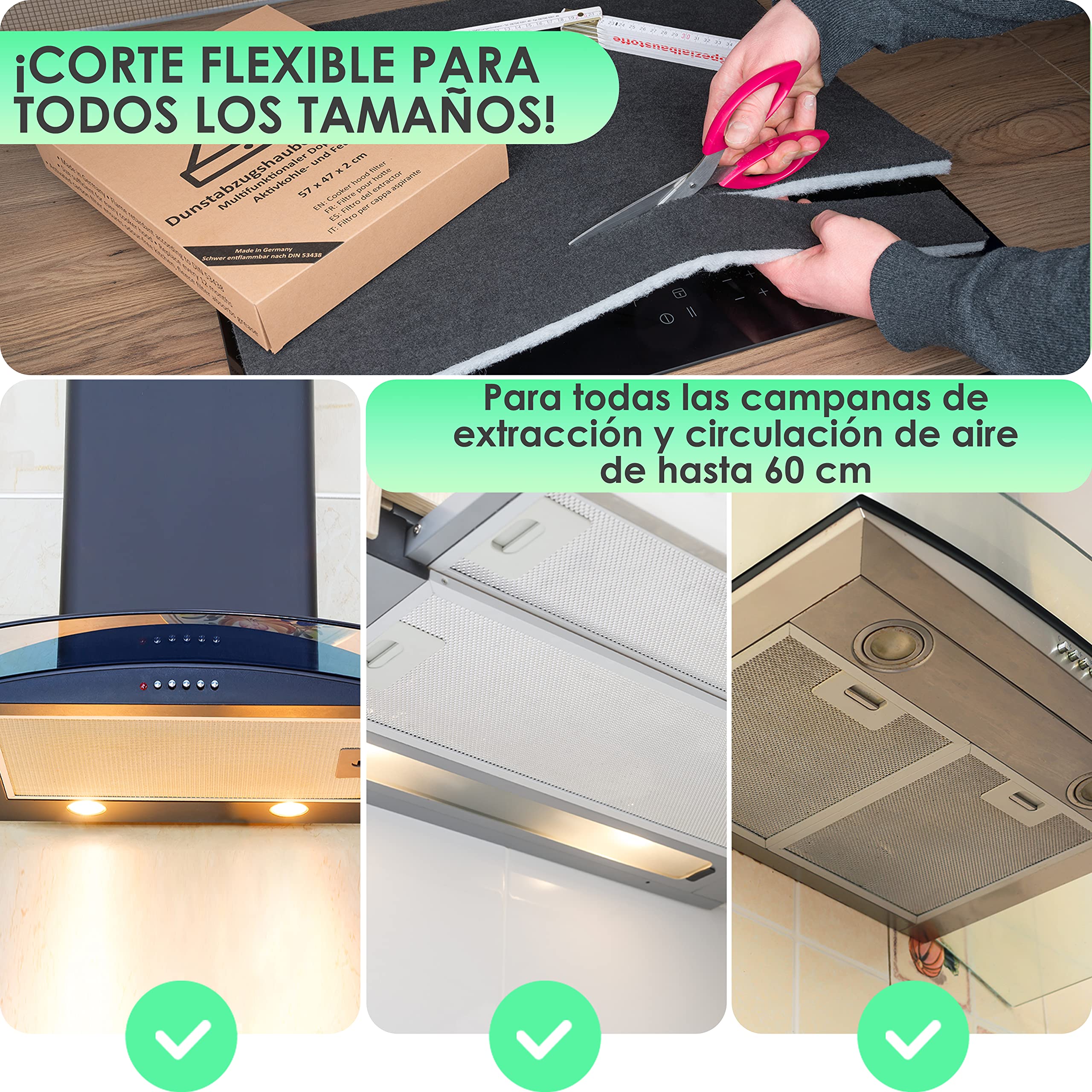 2 Filtros de Campana Extractoras combinados – Filtros Dobles de Carbón activo y Grasa 57x47cm, Filtro se puede cortar a medida, Universales para todas las Campanas Extractoras estándar
