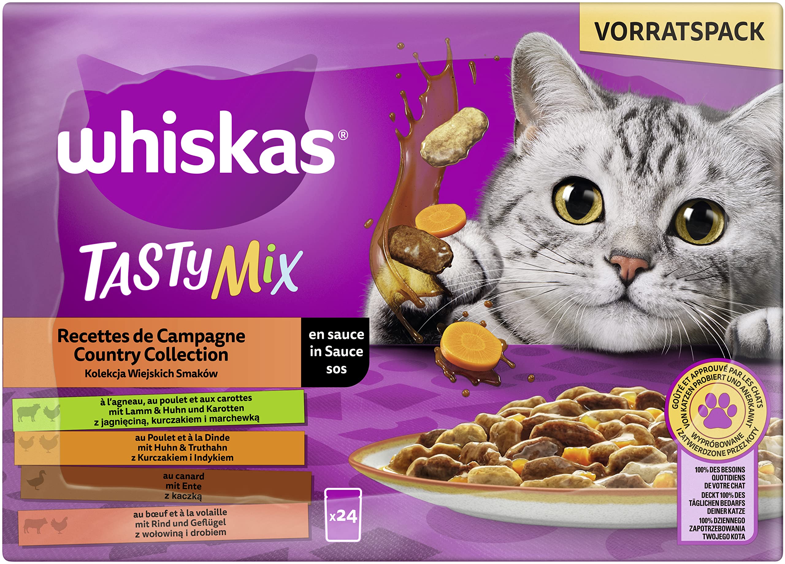 Whiskas 1+ Tasty Mix Country Collection Cat Food in Sauce, 24 x 85g (2 Pack) - Wet Food Adult Cats in 48 Portion Bags