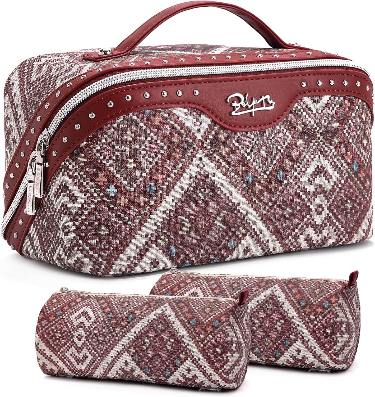 BOYATU Travel Makeup Bags for Women: Western Studded Boho Large Capacity Cosmetic Organizer - Wild, free, Punk Style - 3Pc Waterproof Toiletry Set with Blush Compartment - No Chaos & Easy Clean Red