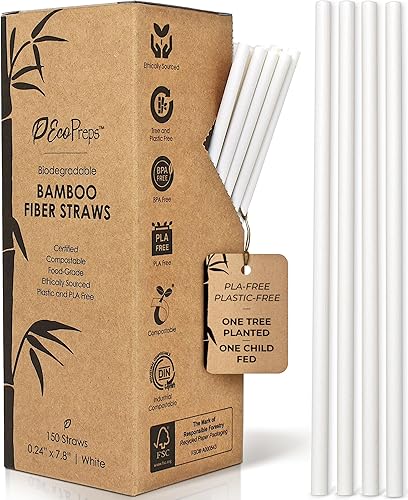 Pajitas de fibra de bambú biodegradables, 150 unidades, 100% compostables, sin plástico, ecológicas, popotes desechables de fibra vegetal de 7.8