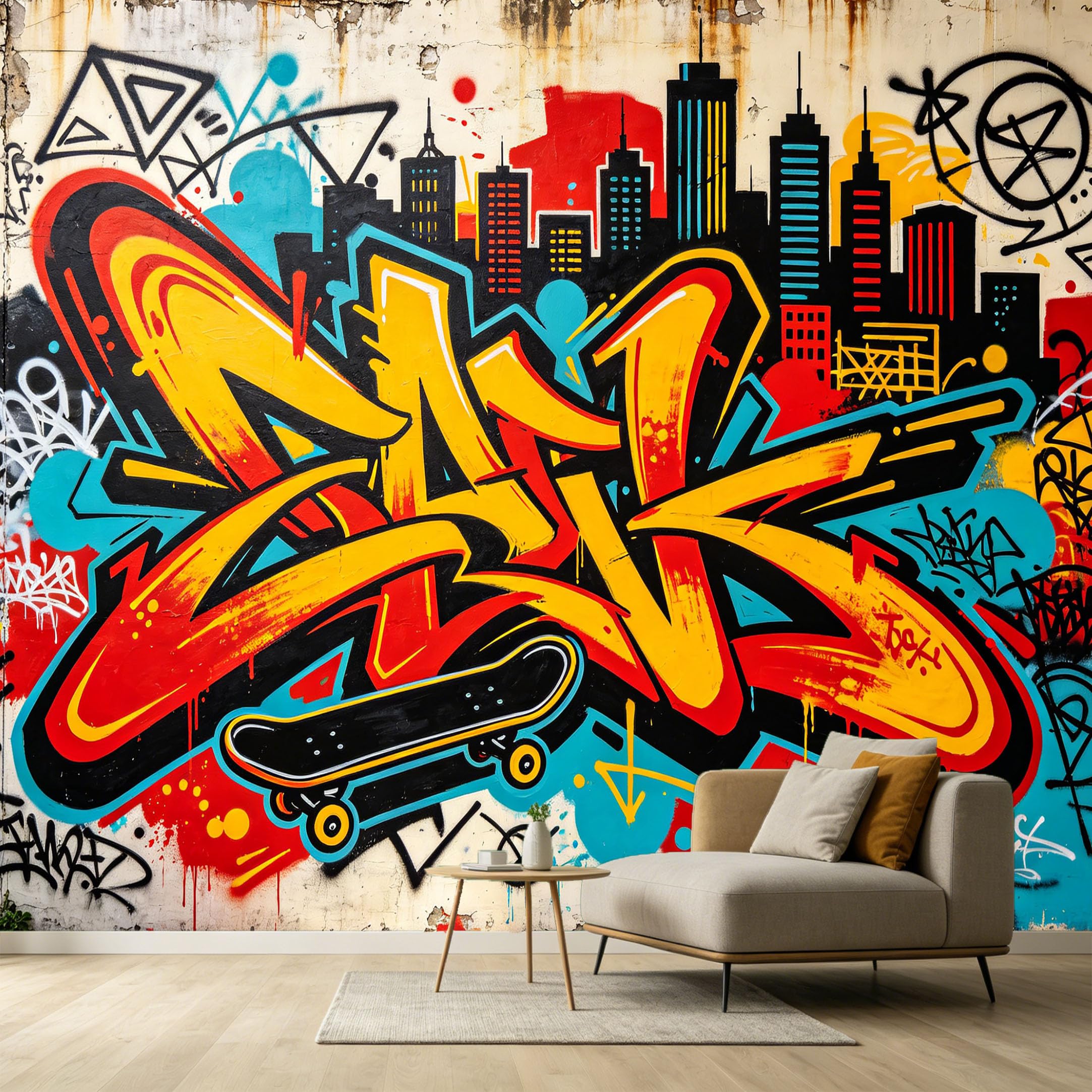 Custom Size Wall Murals Modern Abstract Graffiti Cityscape Skateboard Street Art SelfAdhesive Wall Fabric Removable Large Wallpaper for Photo Living Room